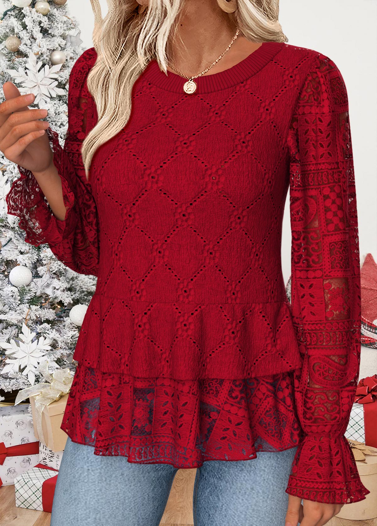 Red Patchwork Long Sleeve Round Neck Blouse | picture 