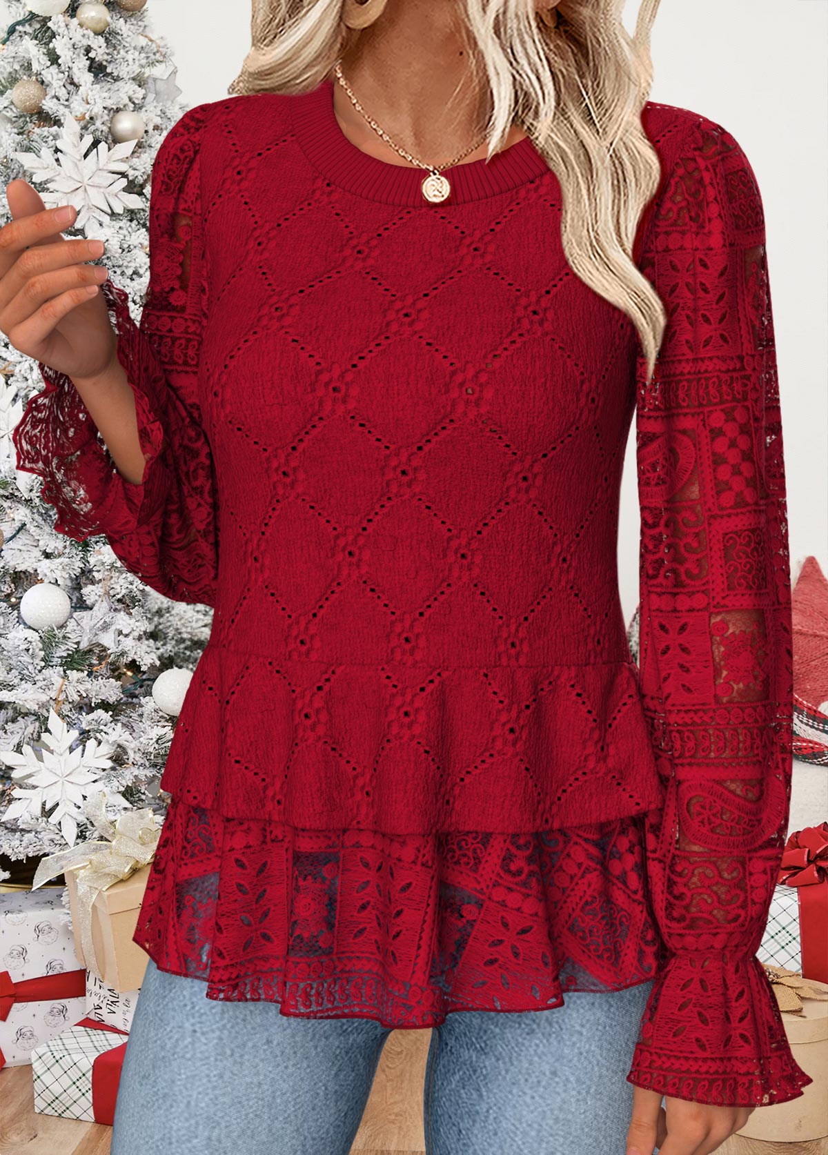 Red Patchwork Long Sleeve Round Neck Blouse | picture 