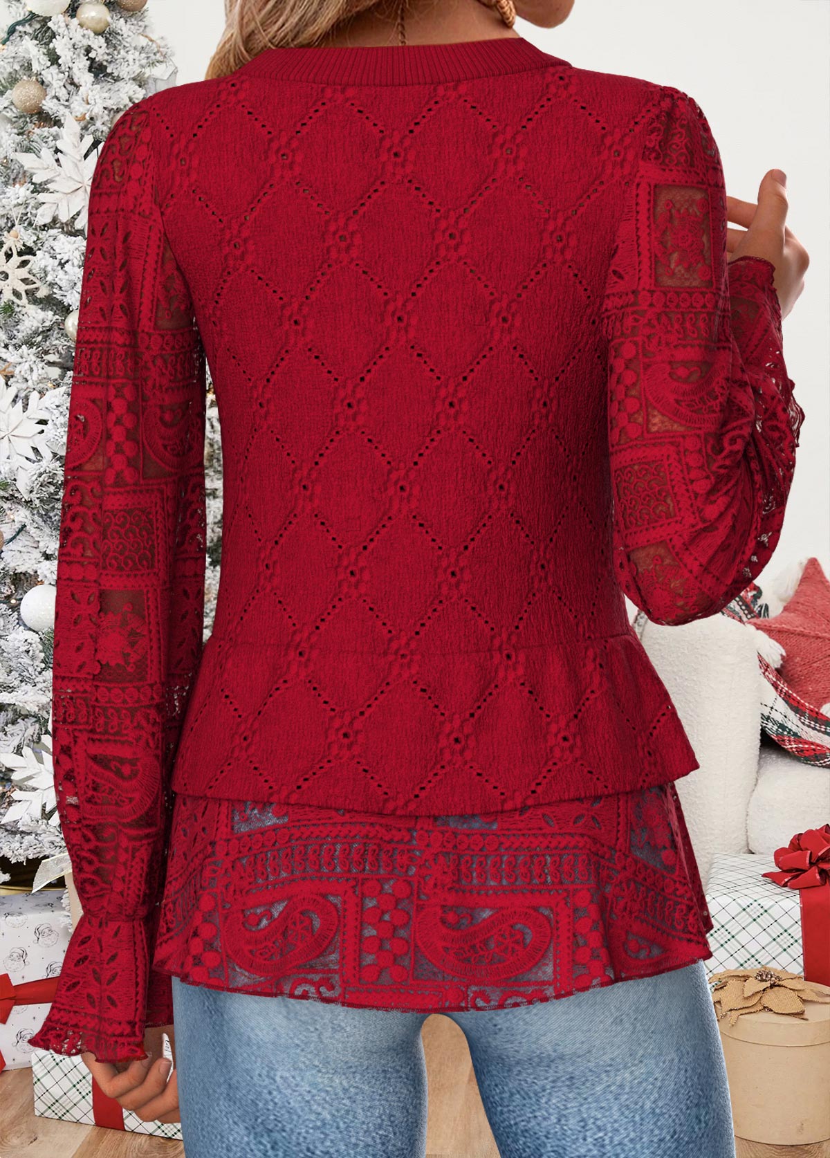 Red Patchwork Long Sleeve Round Neck Blouse | picture 