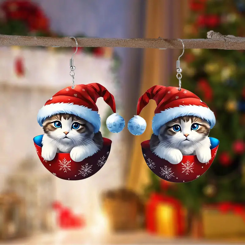 Christmas Red Kitten Snowflake Acrylic Earrings | picture 