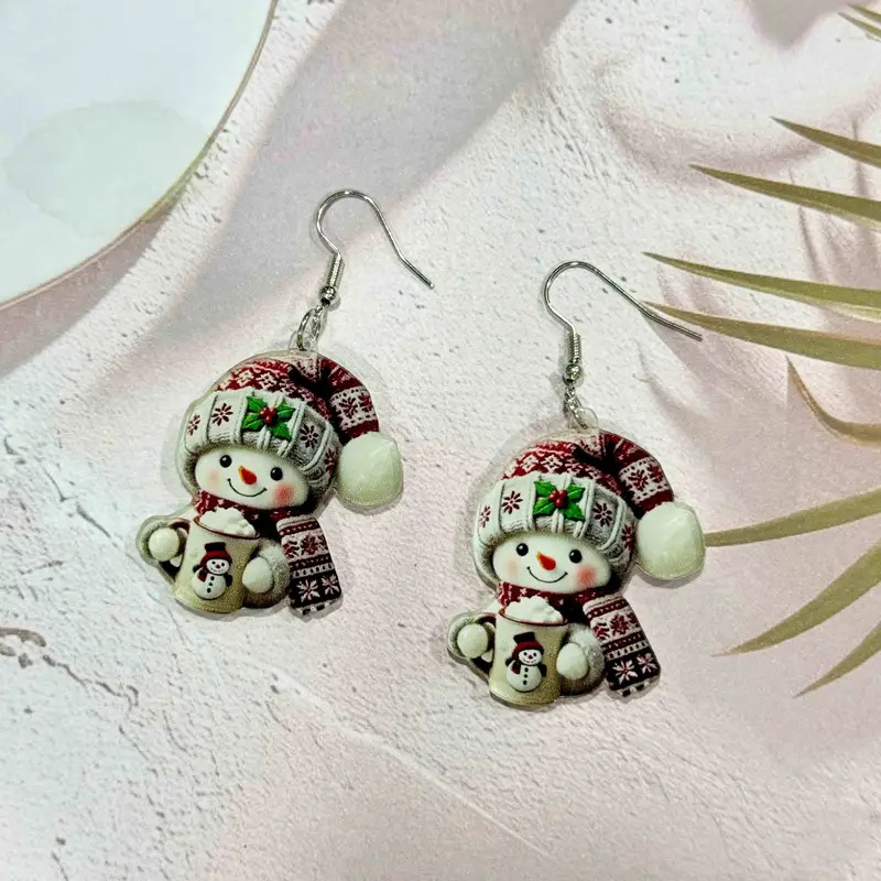 Christmas Wine Red Snowman Acrylic Earrings | picture 