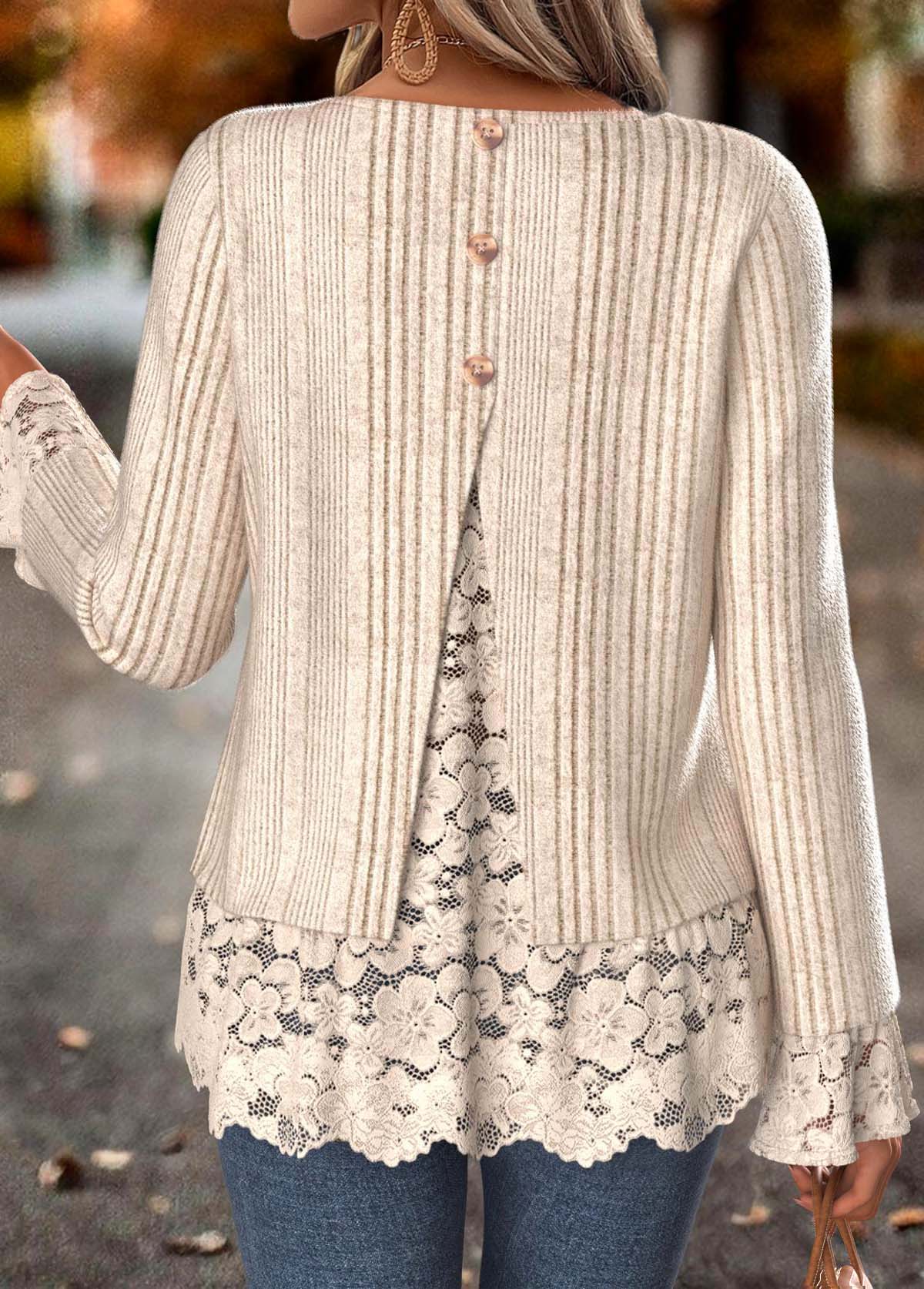 Skin Color Fake 2in1 Long Sleeve T Shirt | picture 