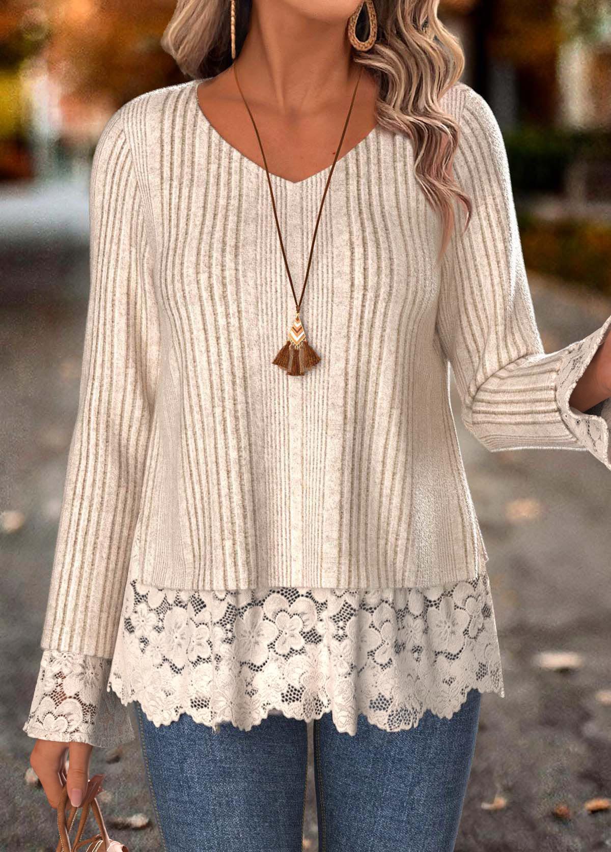 Skin Color Fake 2in1 Long Sleeve T Shirt | picture 