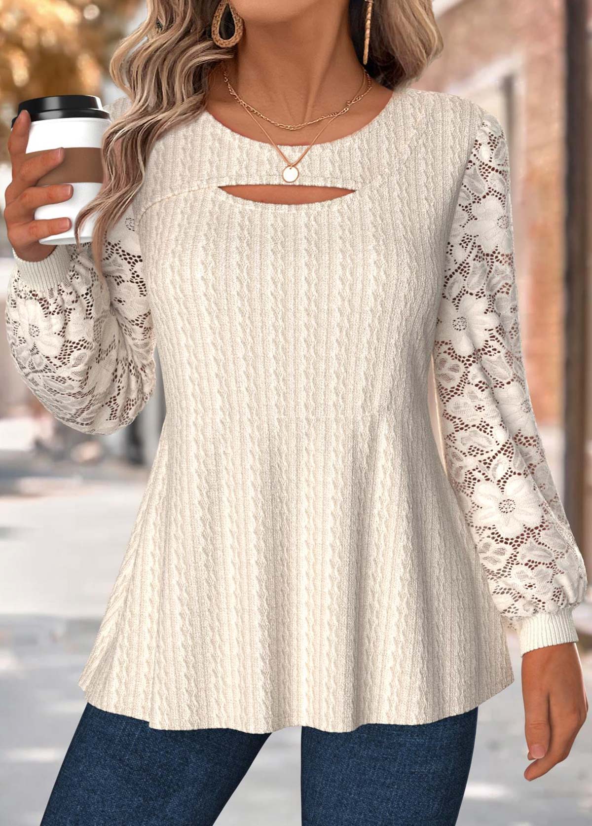 Beige Tummy Coverage Long Sleeve Round Neck T Shirt | picture 