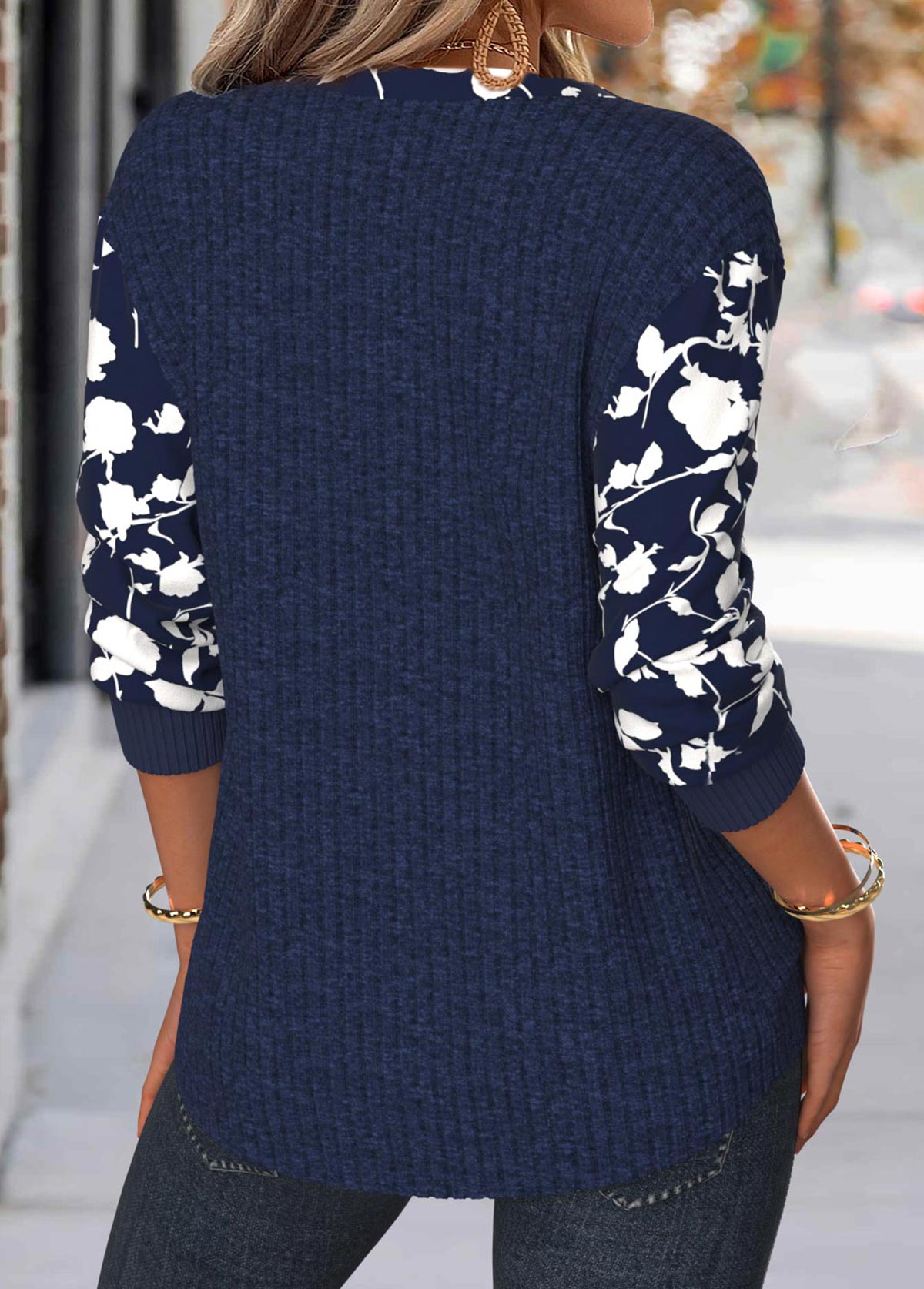 Navy Tummy Coverage Floral Print Long Sleeve Sweatshirt | picture 