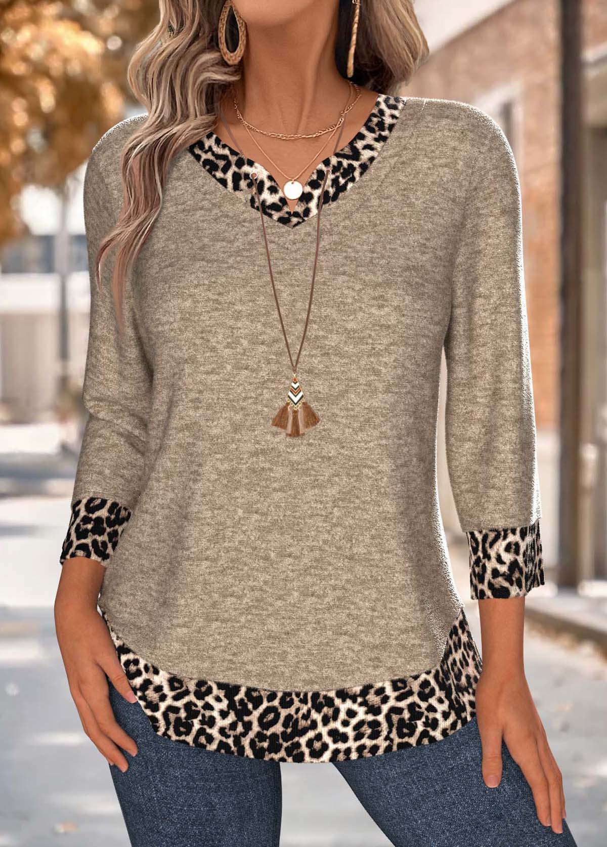 Dark Camel Tummy Coverage Leopard 3/4 Sleeve T Shirt | picture 