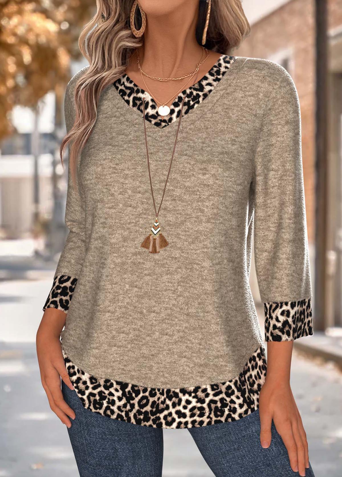Dark Camel Tummy Coverage Leopard 3/4 Sleeve T Shirt | picture 