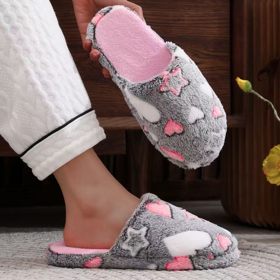 Dark Grey Heart Print Closed Toe Falt Slippers | picture 
