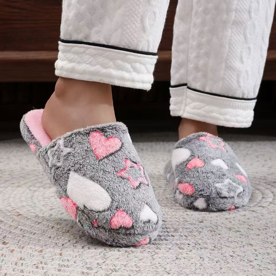 Dark Grey Heart Print Closed Toe Falt Slippers | picture 
