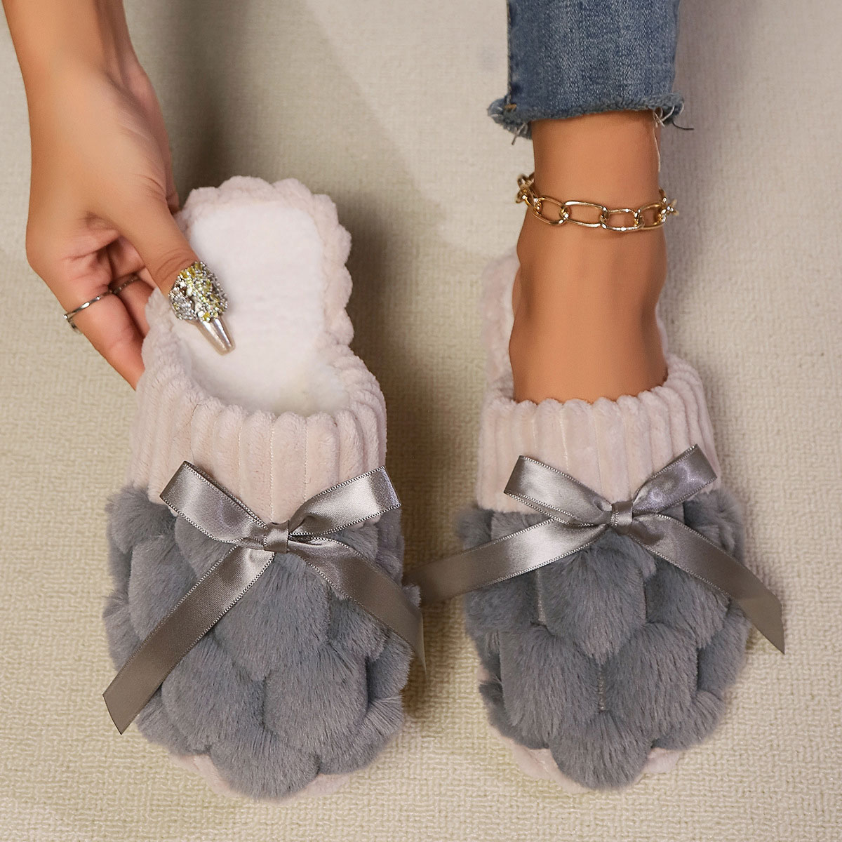 Grey Closed Toe Tweed Falt Slippers | picture 