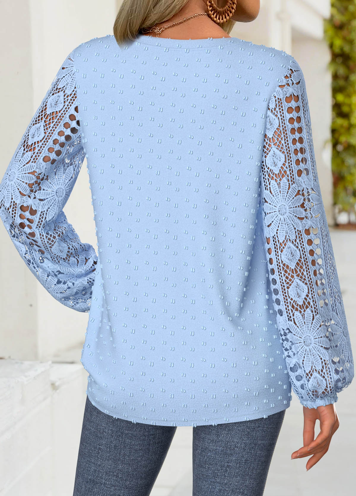 Light Blue Tummy Coverage Long Sleeve Split Neck Blouse | picture 
