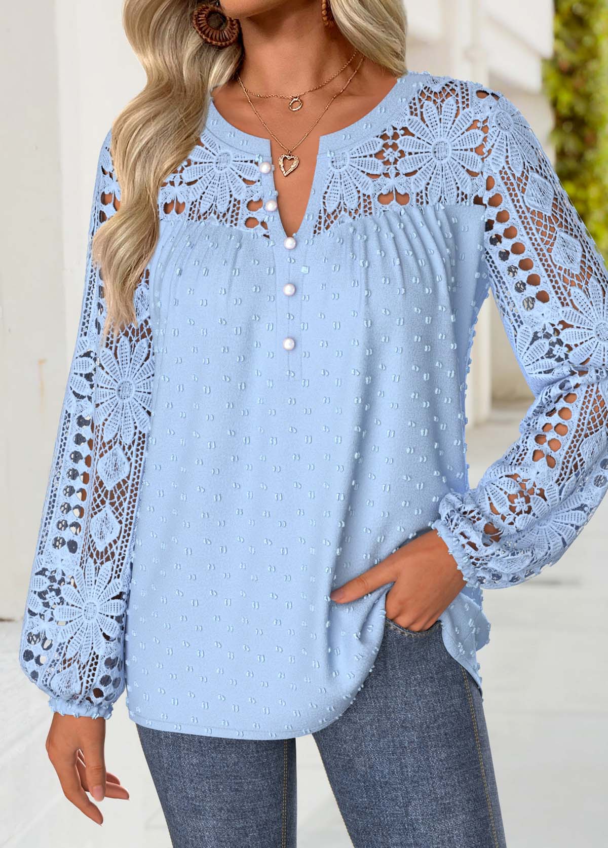 Light Blue Tummy Coverage Long Sleeve Split Neck Blouse | picture 