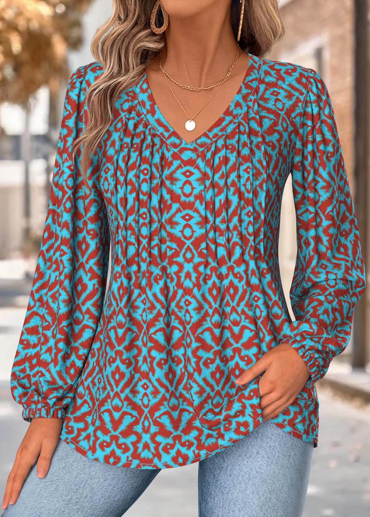 Neon Blue Tummy Coverage Tribal Print Long Sleeve Blouse | picture 