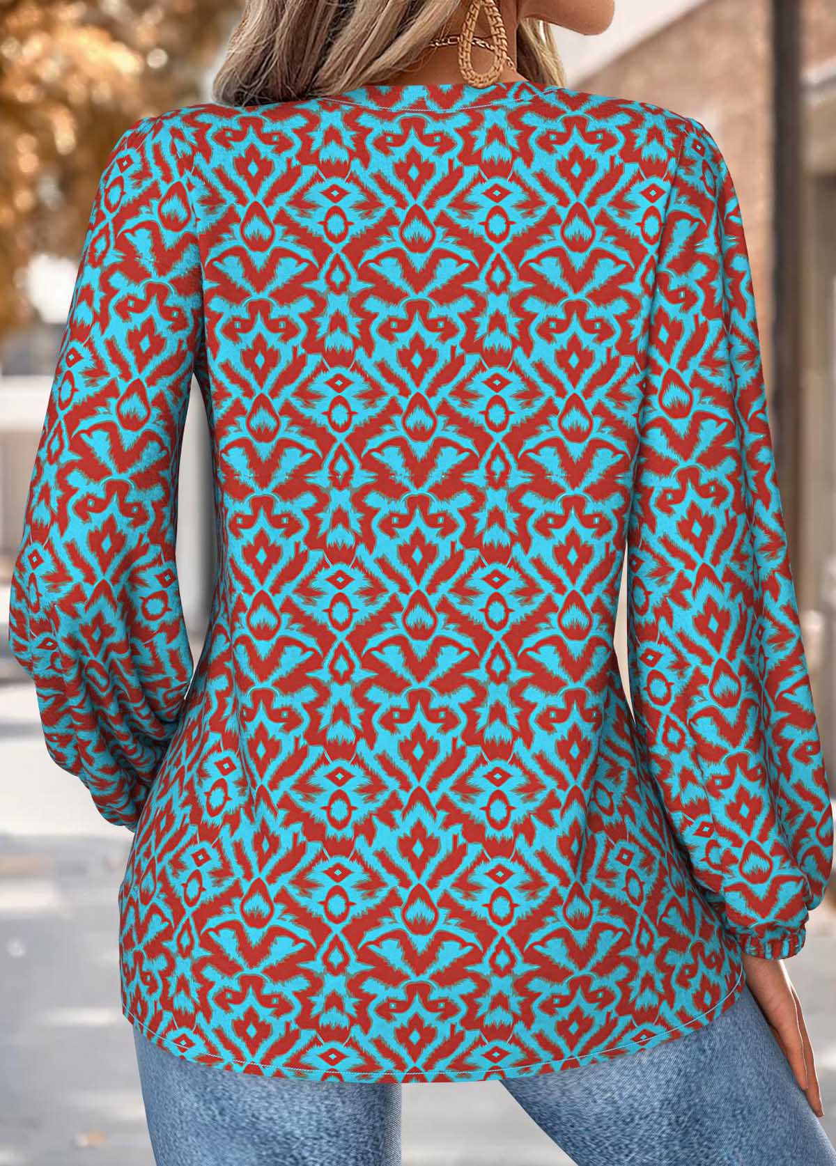 Neon Blue Tummy Coverage Tribal Print Long Sleeve Blouse | picture 