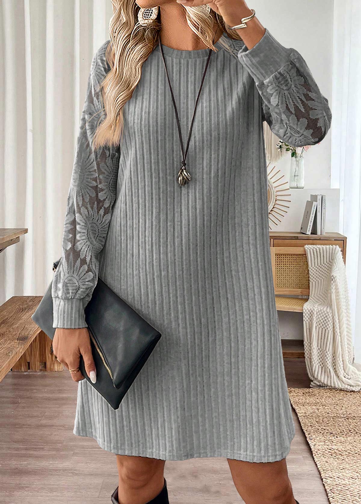 Light Grey Tummy Coverage Short Long Sleeve Dress | picture 
