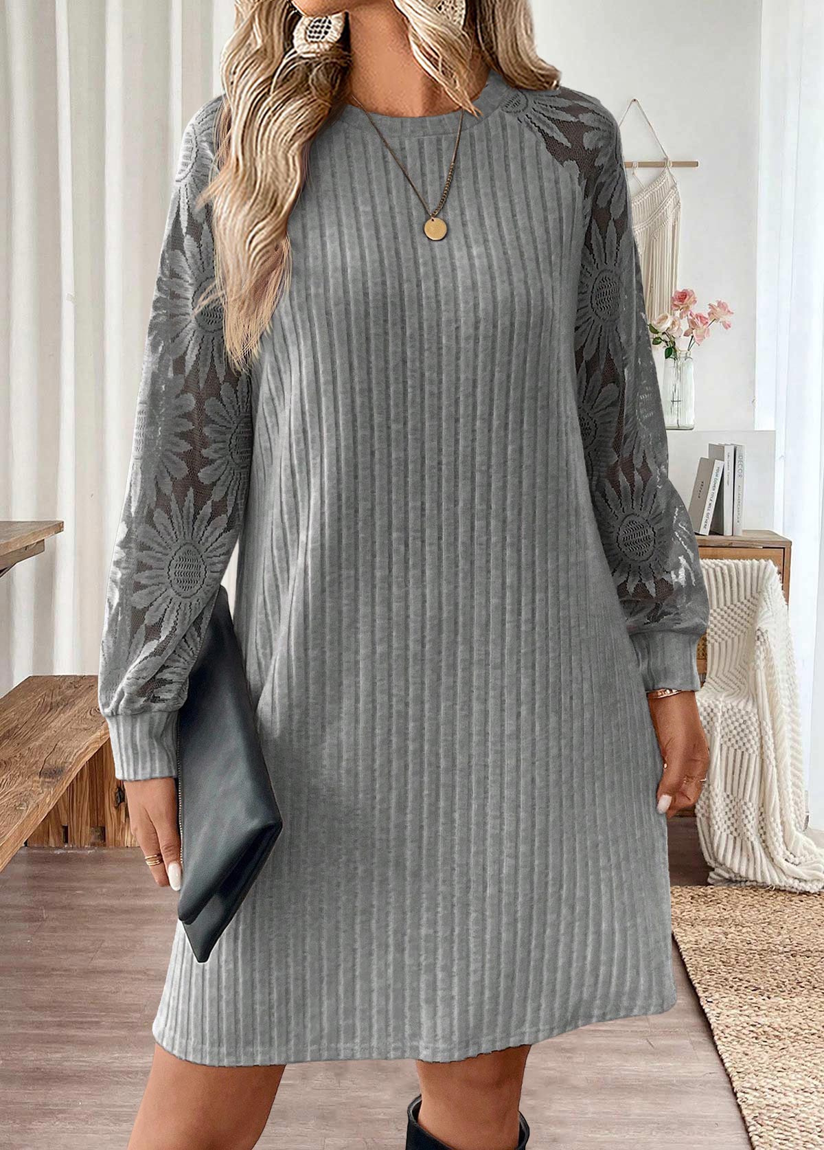 Light Grey Tummy Coverage Short Long Sleeve Dress | picture 