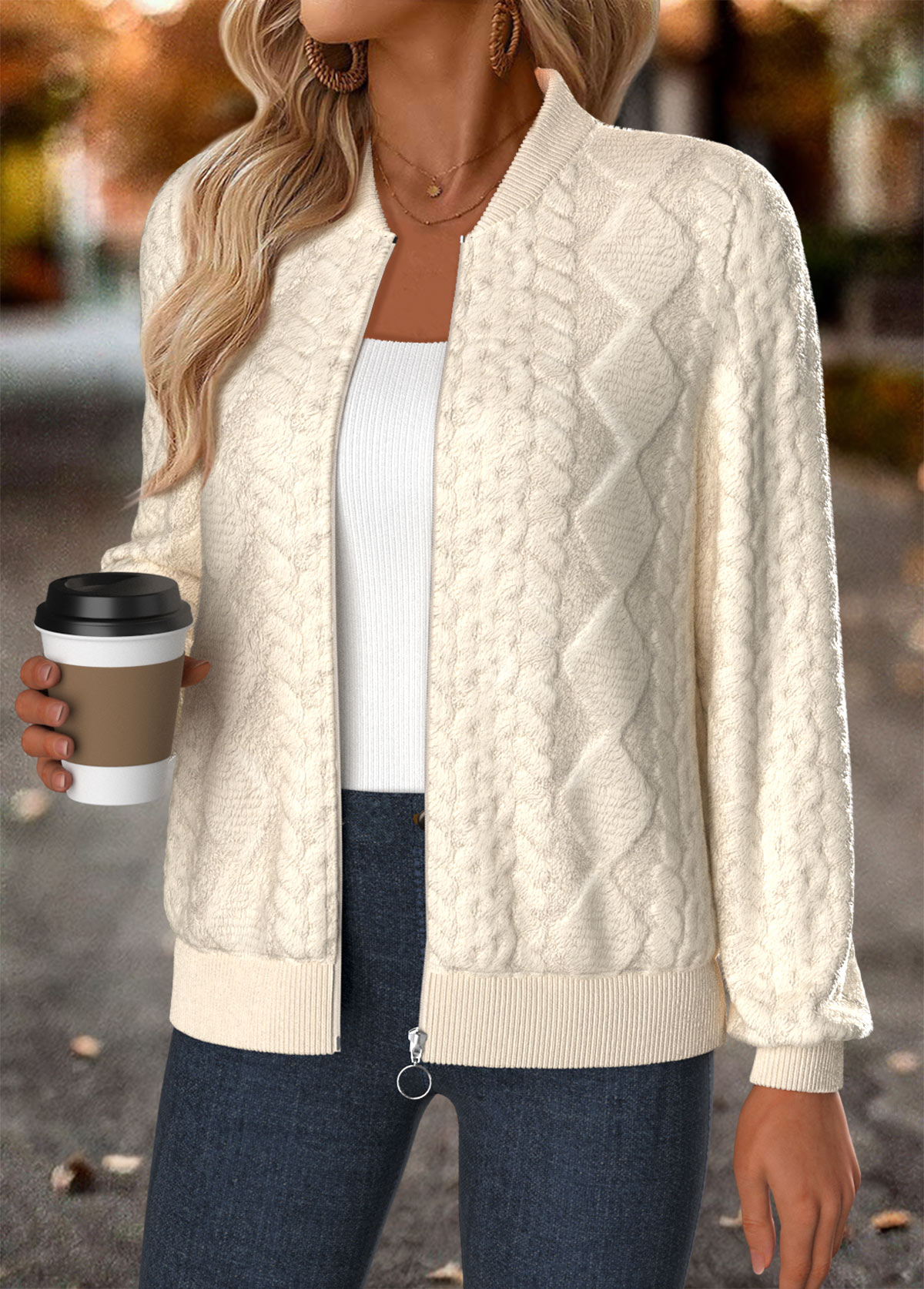 Beige Tummy Coverage Long Sleeve Stand Collar Jacket | picture 