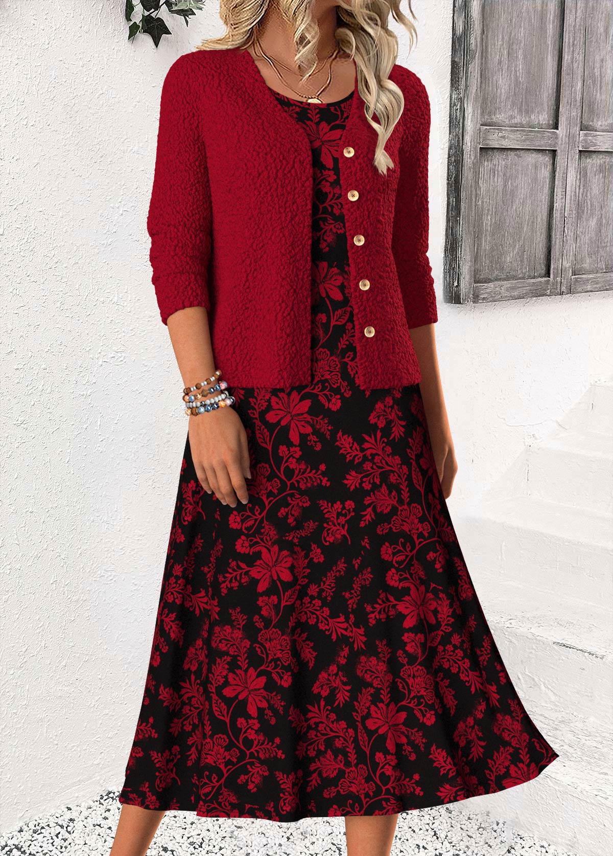 Wine Red Tummy Coverage Floral Print Bracelet Sleeve Dress | picture 