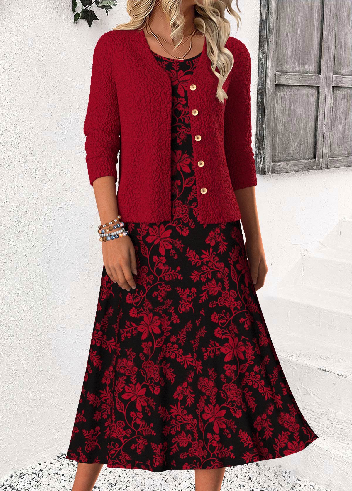 Wine Red Tummy Coverage Floral Print Bracelet Sleeve Dress | picture 