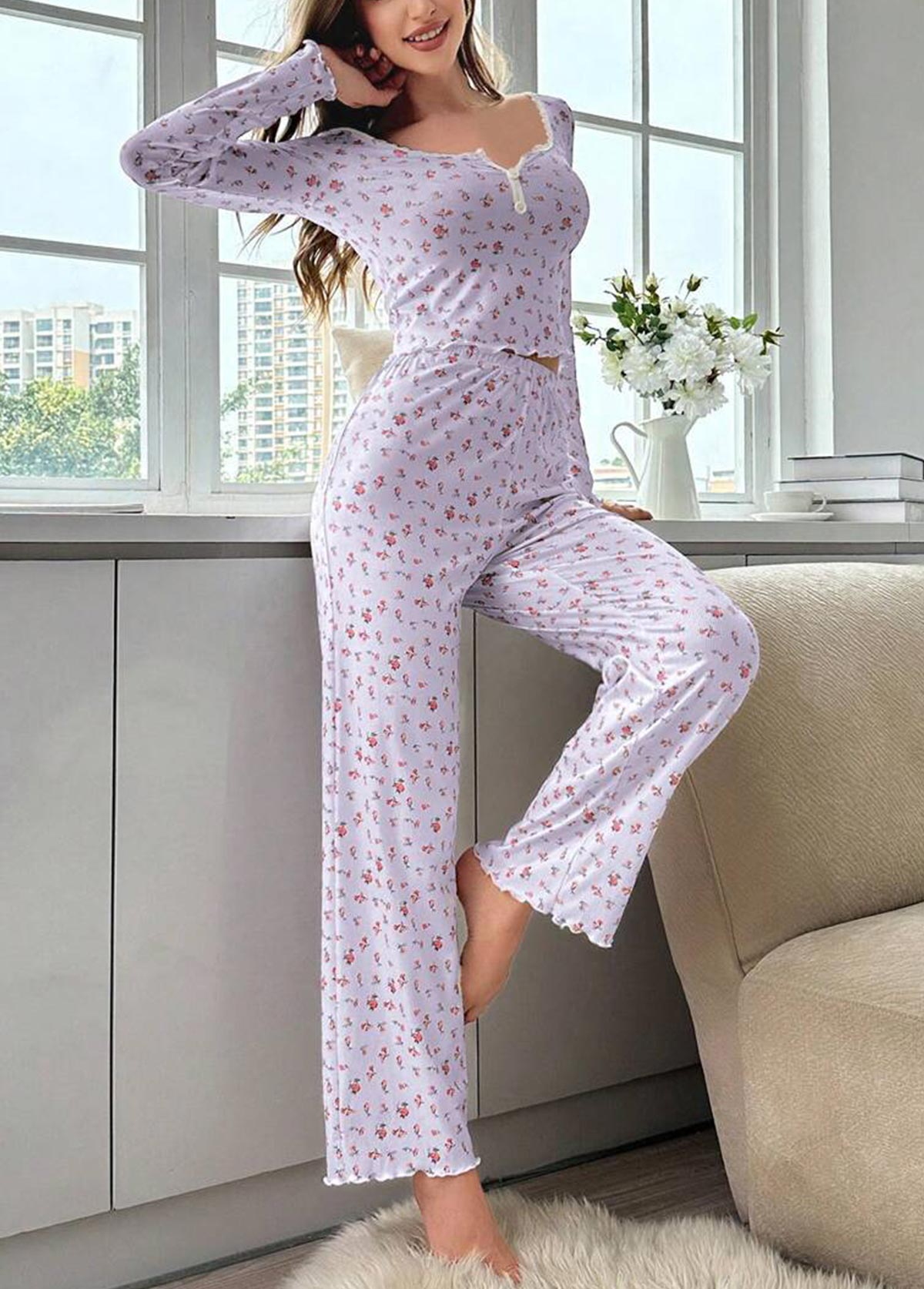 Light Purple Ditsy Floral Print Lounge Top and Pants | picture 