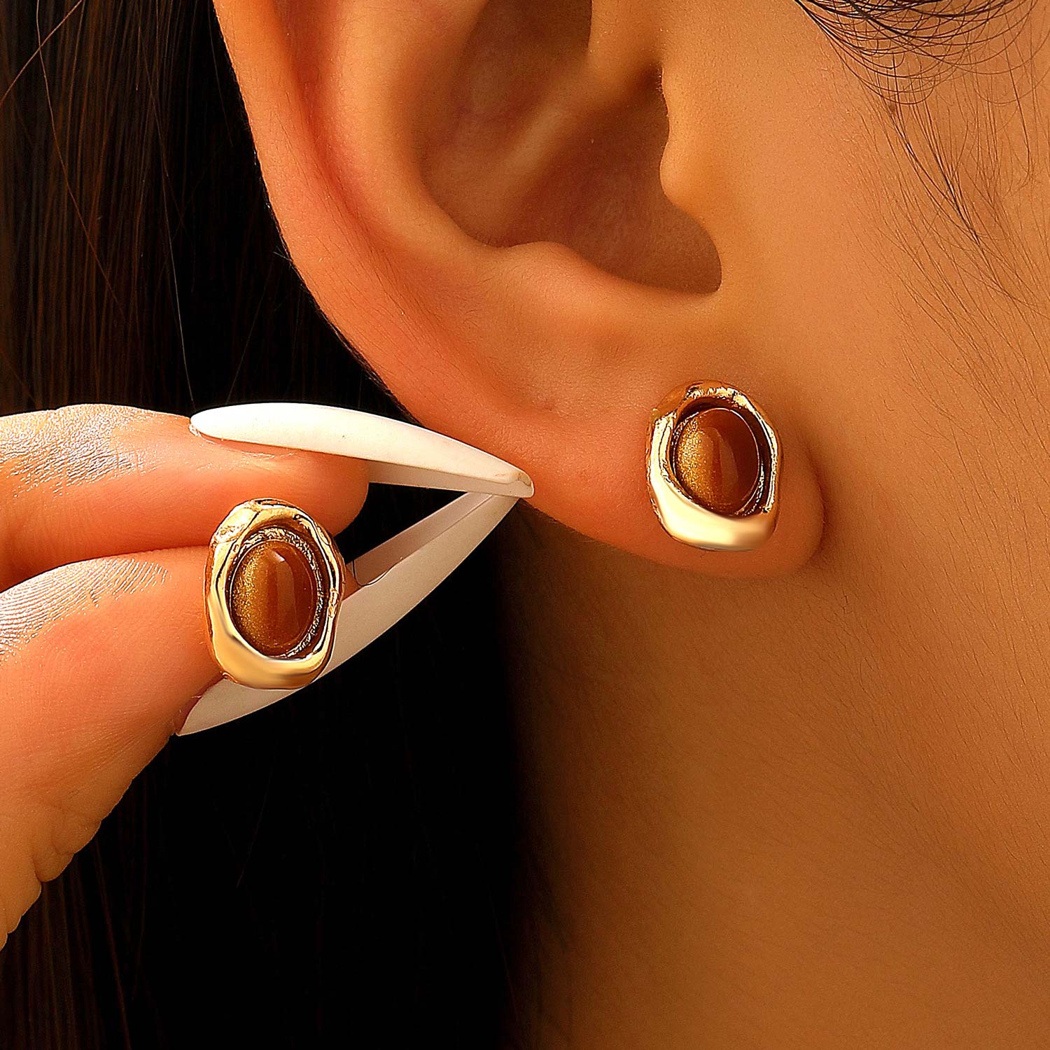 Golden Tiger Eye Stone Alloy Earrings | picture 