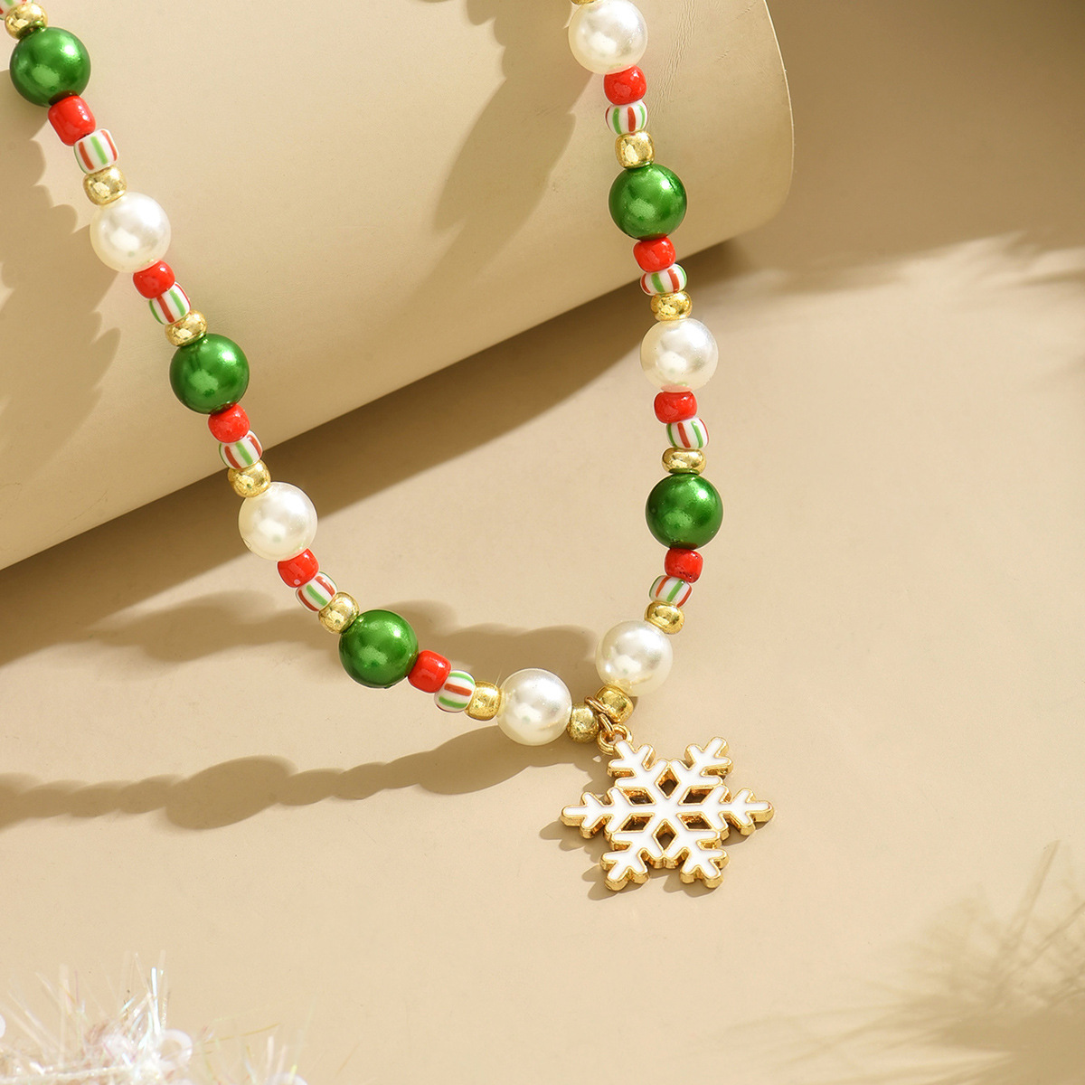 Christmas Golden Beaded Snowflake Alloy Necklace | picture 