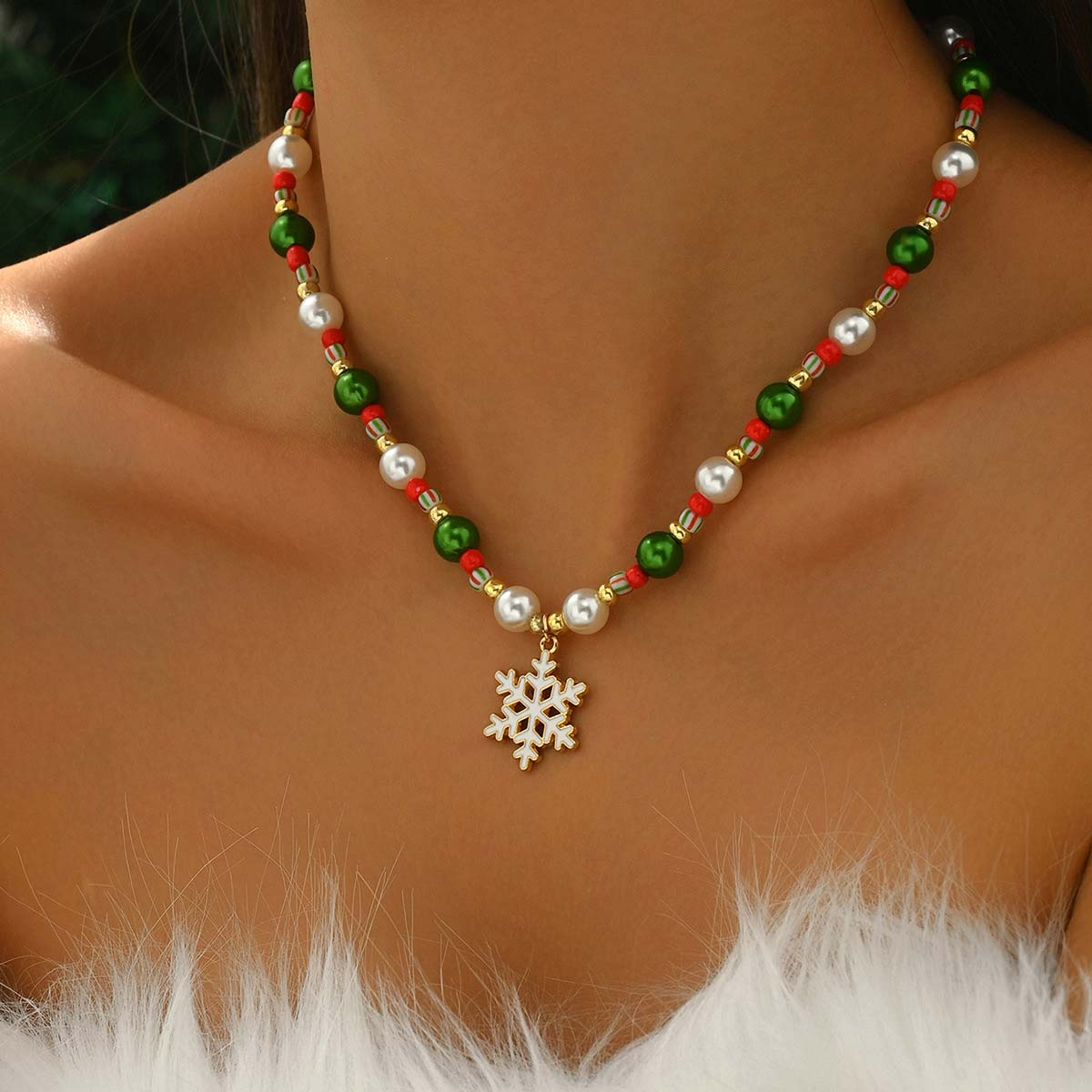 Christmas Golden Beaded Snowflake Alloy Necklace | picture 
