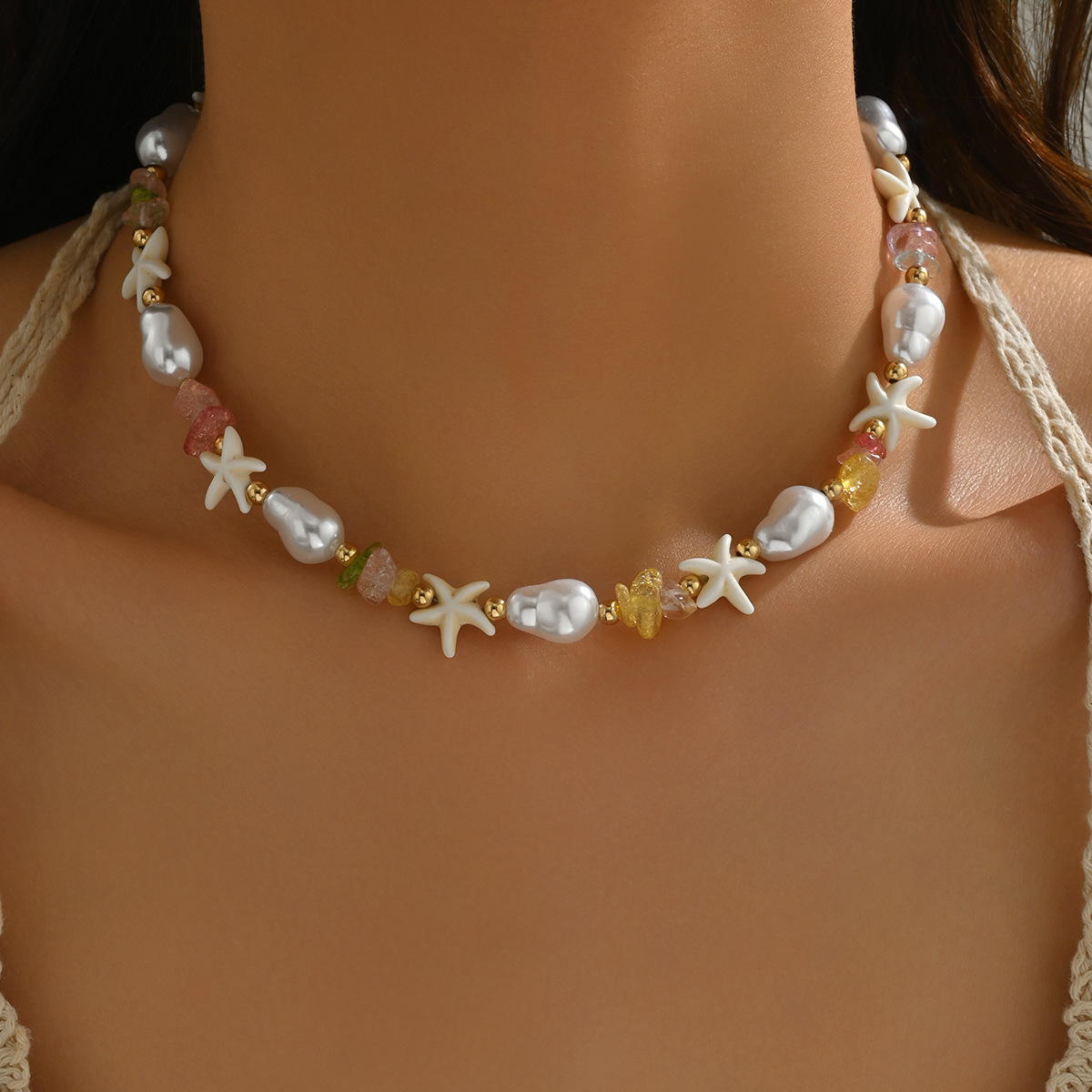 Golden Starfish Irregular Pearl Beaded Necklace | picture 