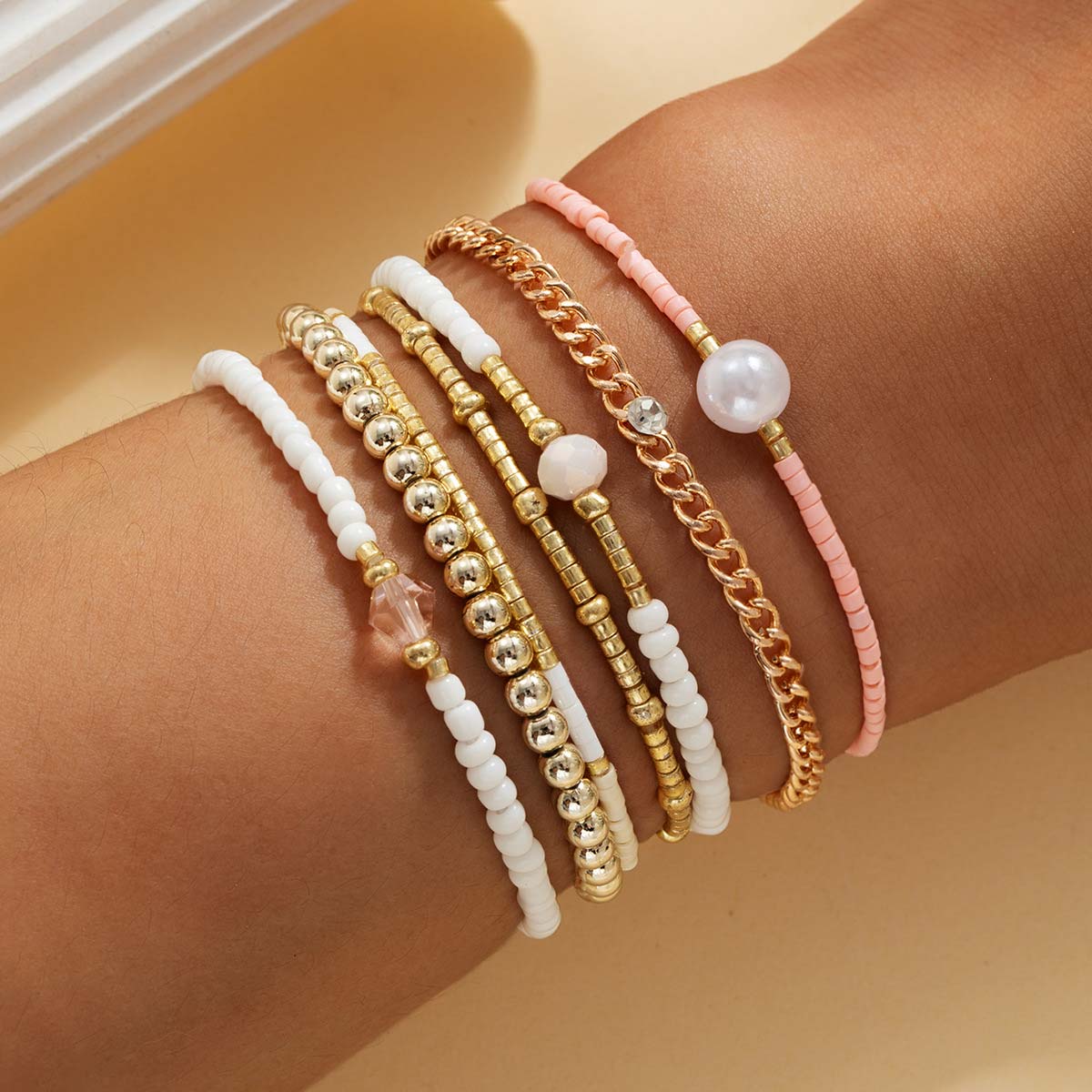 Golden Pearl Crystal Beaded Bracelet Set | picture 