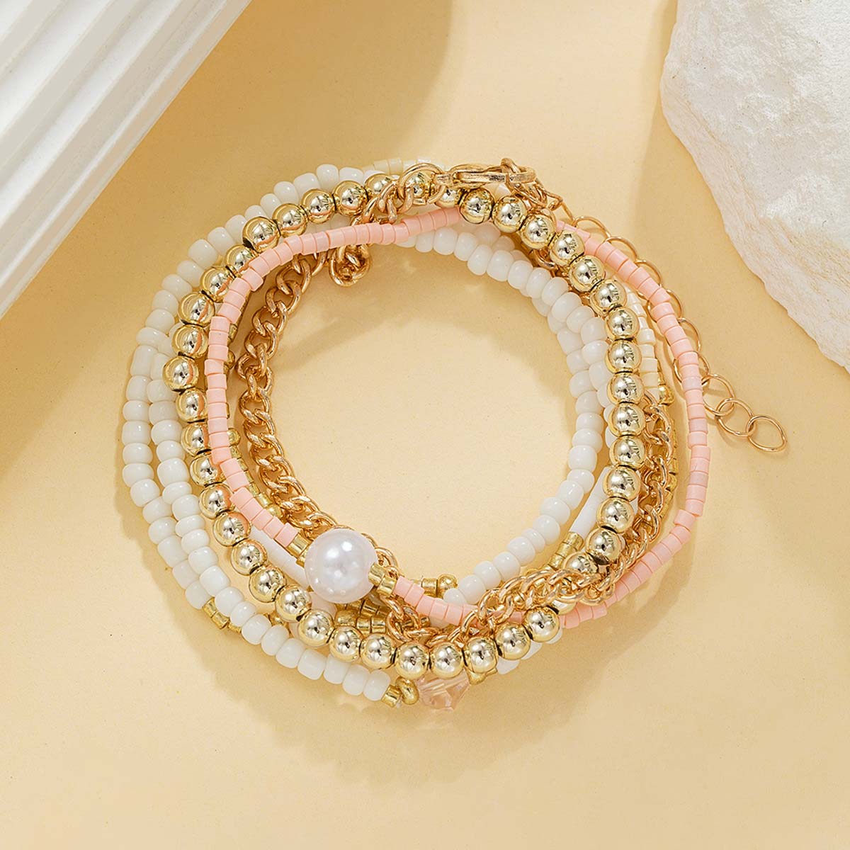 Golden Pearl Crystal Beaded Bracelet Set | picture 