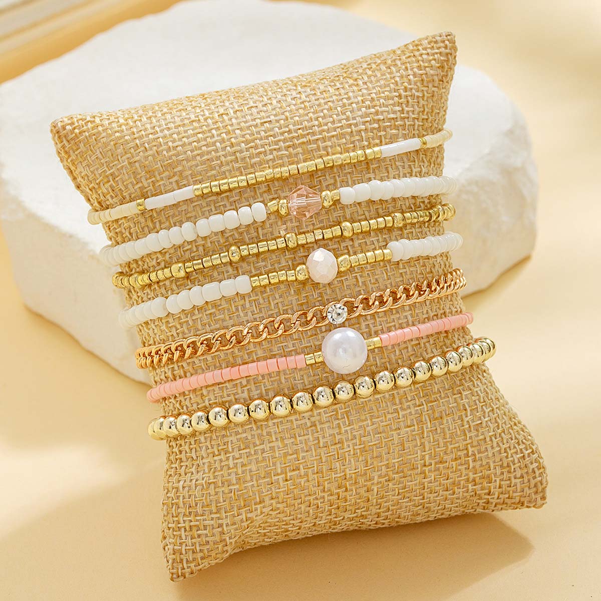 Golden Pearl Crystal Beaded Bracelet Set | picture 