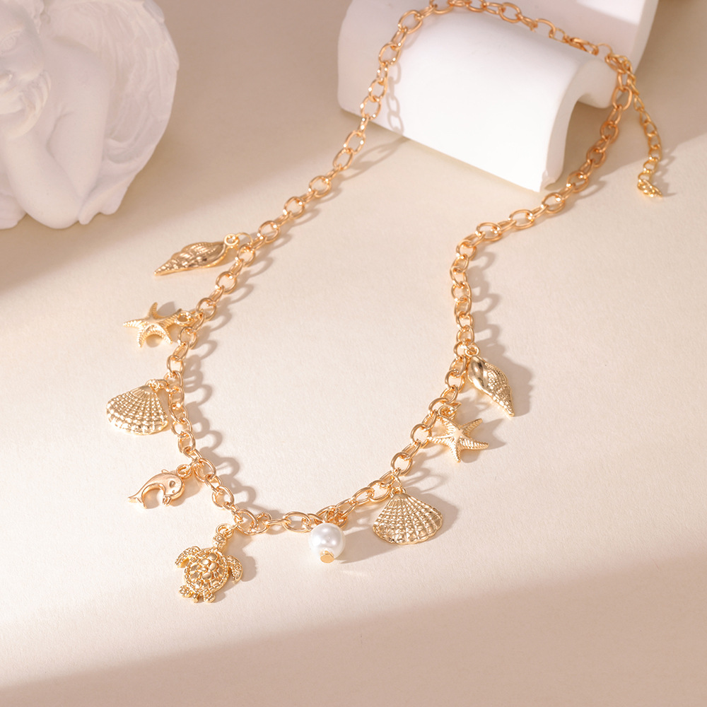 Golden Shell Starfish Pearl Alloy Necklace | picture 