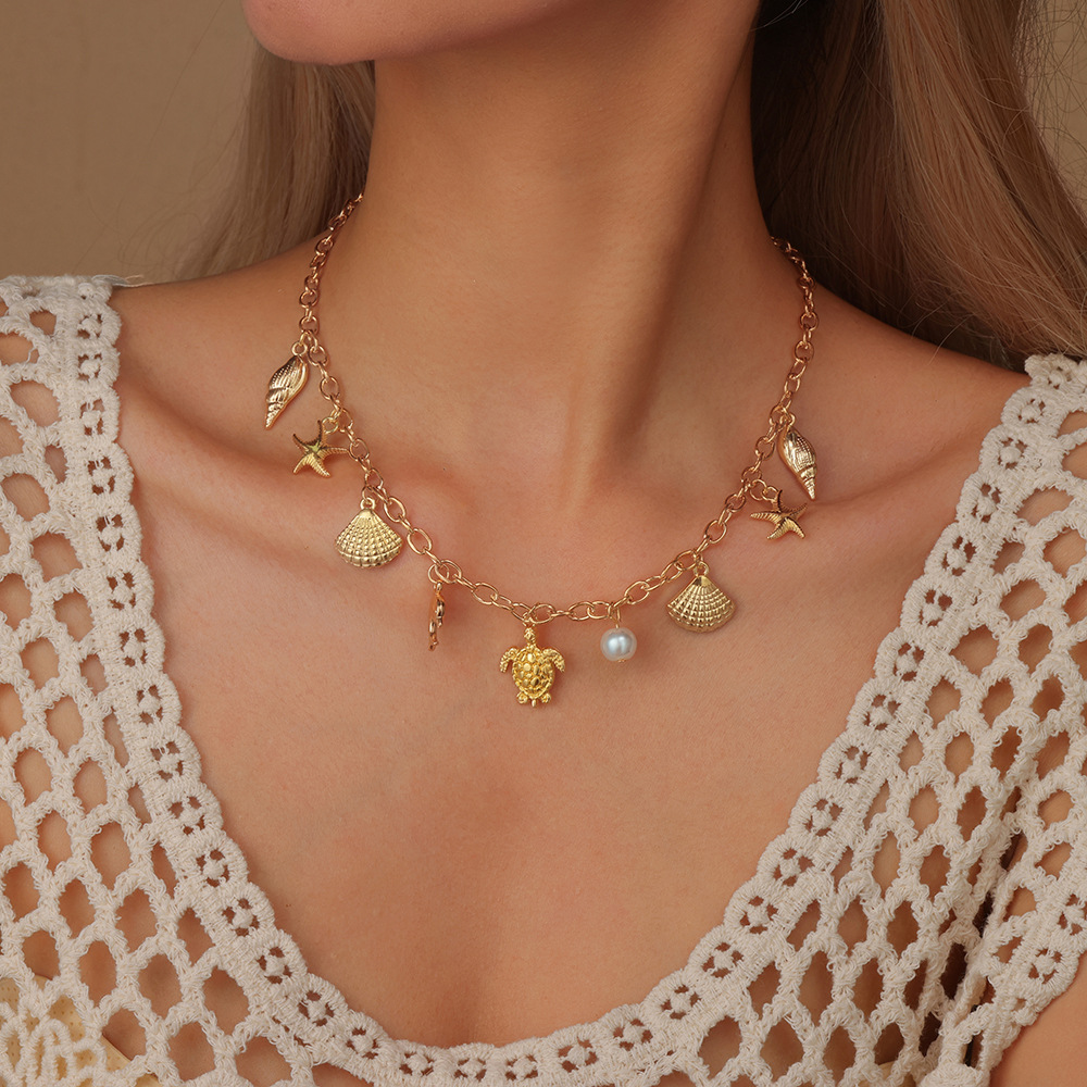 Golden Shell Starfish Pearl Alloy Necklace | picture 
