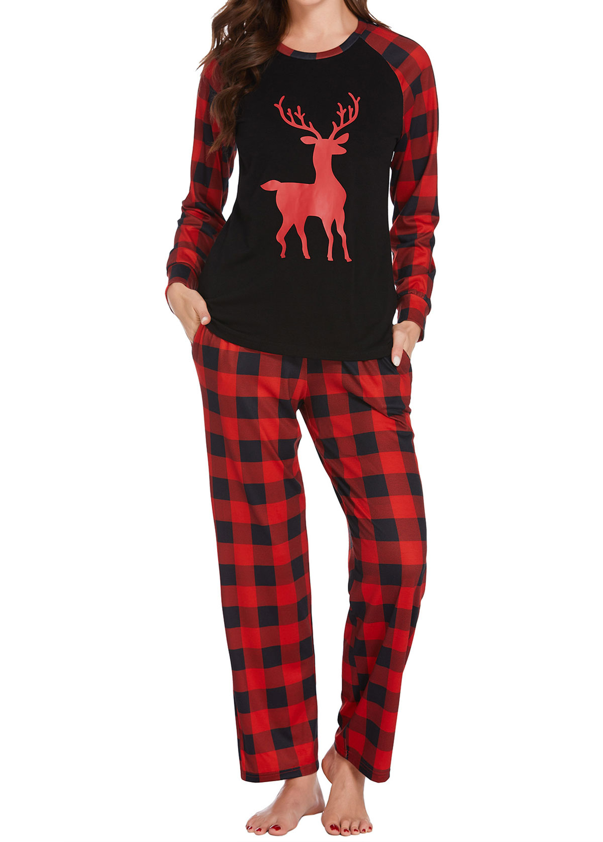 Christmas Red Plaid Long Sleeve Lounge Top and Pants | picture 