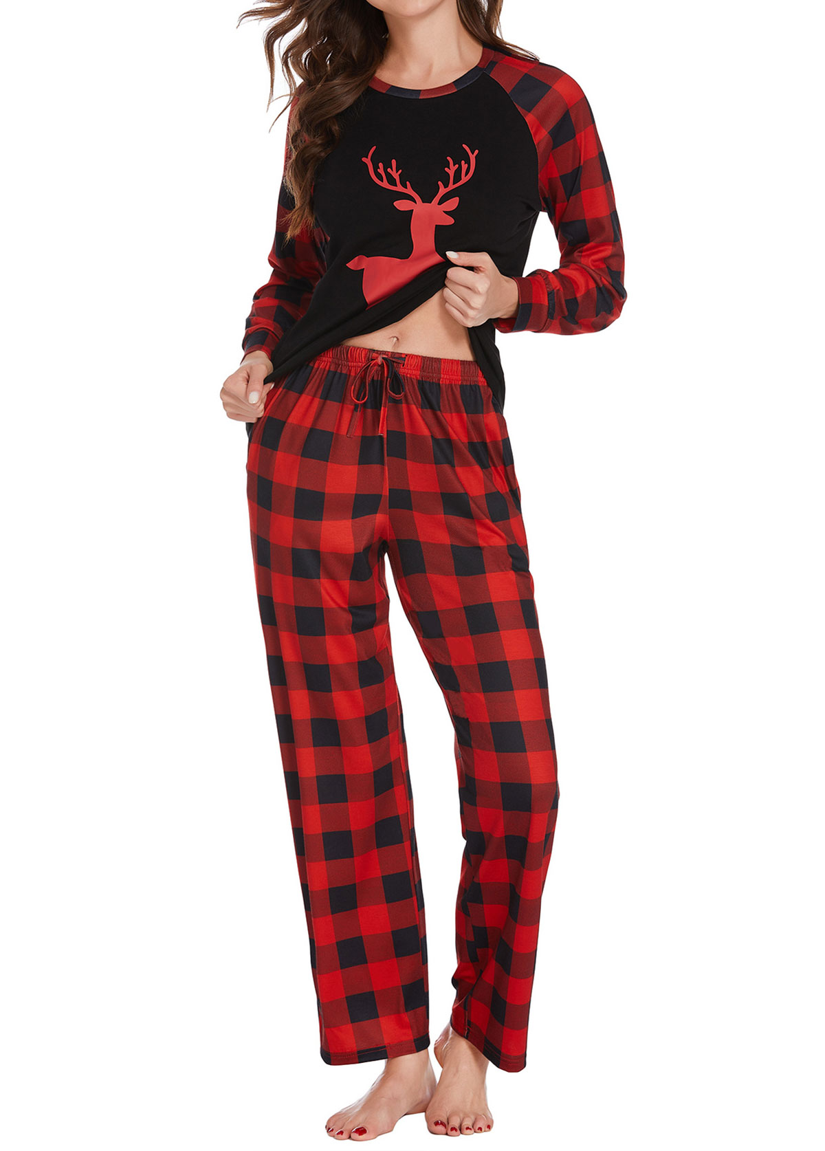 Christmas Red Plaid Long Sleeve Lounge Top and Pants | picture 
