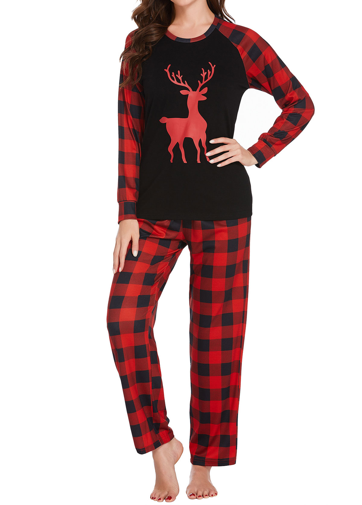 Christmas Red Plaid Long Sleeve Lounge Top and Pants | picture 
