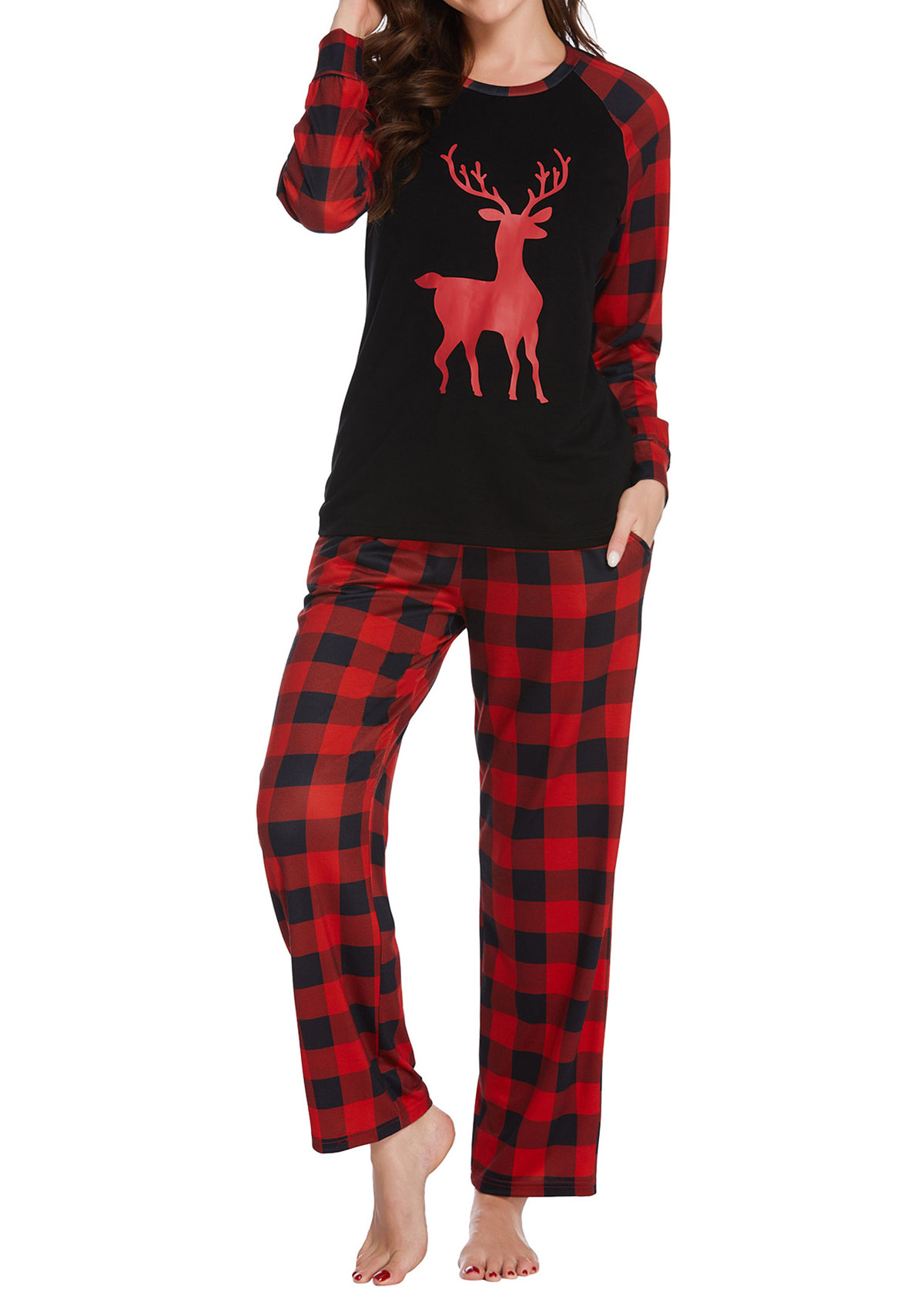 Christmas Red Plaid Long Sleeve Lounge Top and Pants | picture 