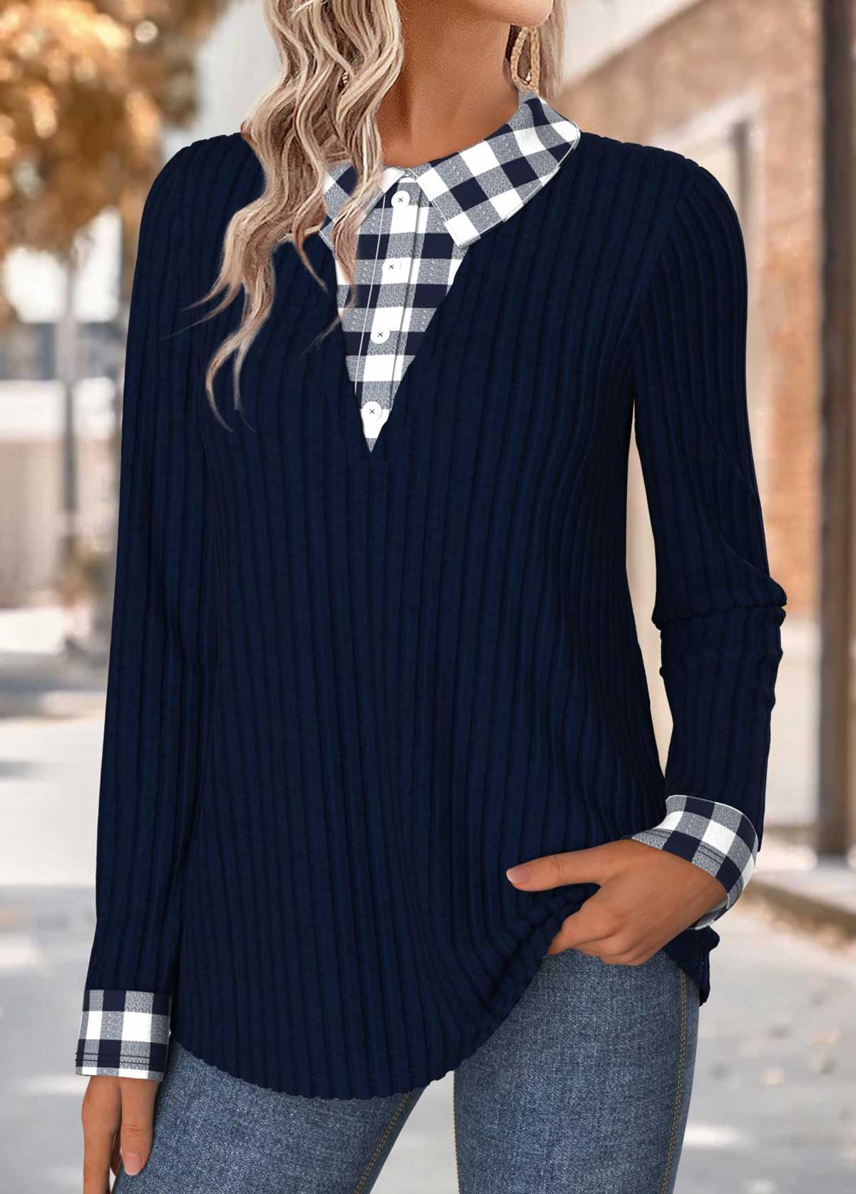 Navy Tummy Coverage Plaid Fake Two Piece Twinset | picture 