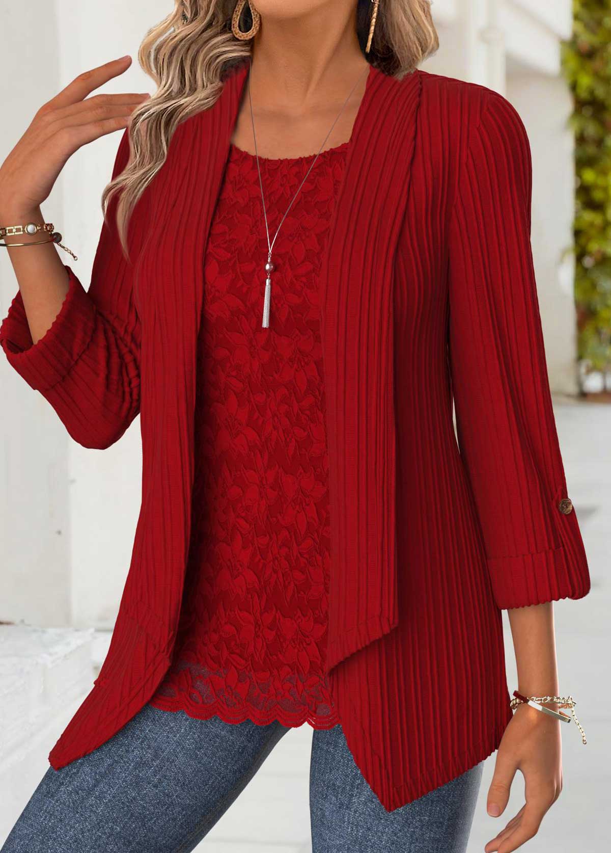 Red Tummy Coverage Long Sleeve Square Neck Blouse | picture 