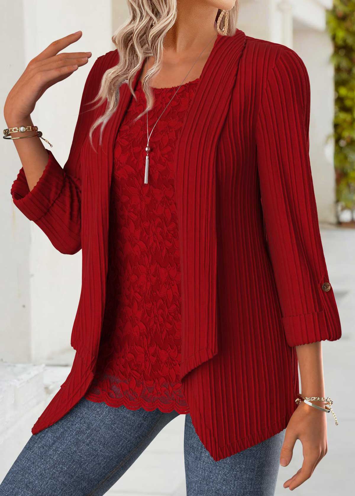 Red Tummy Coverage Long Sleeve Square Neck Blouse | picture 