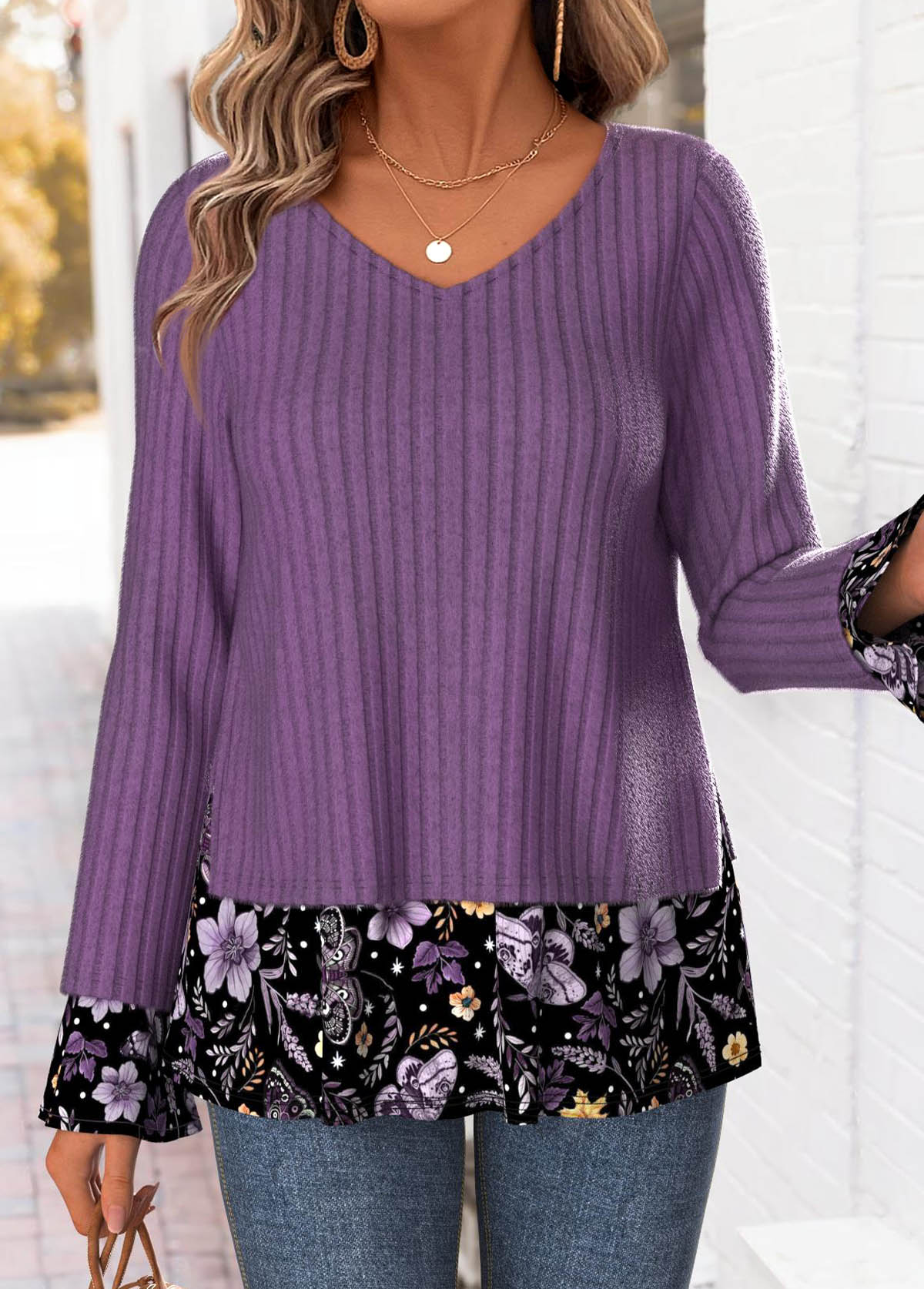 Dusty Purple Tummy Coverage Floral Print T Shirt | picture 