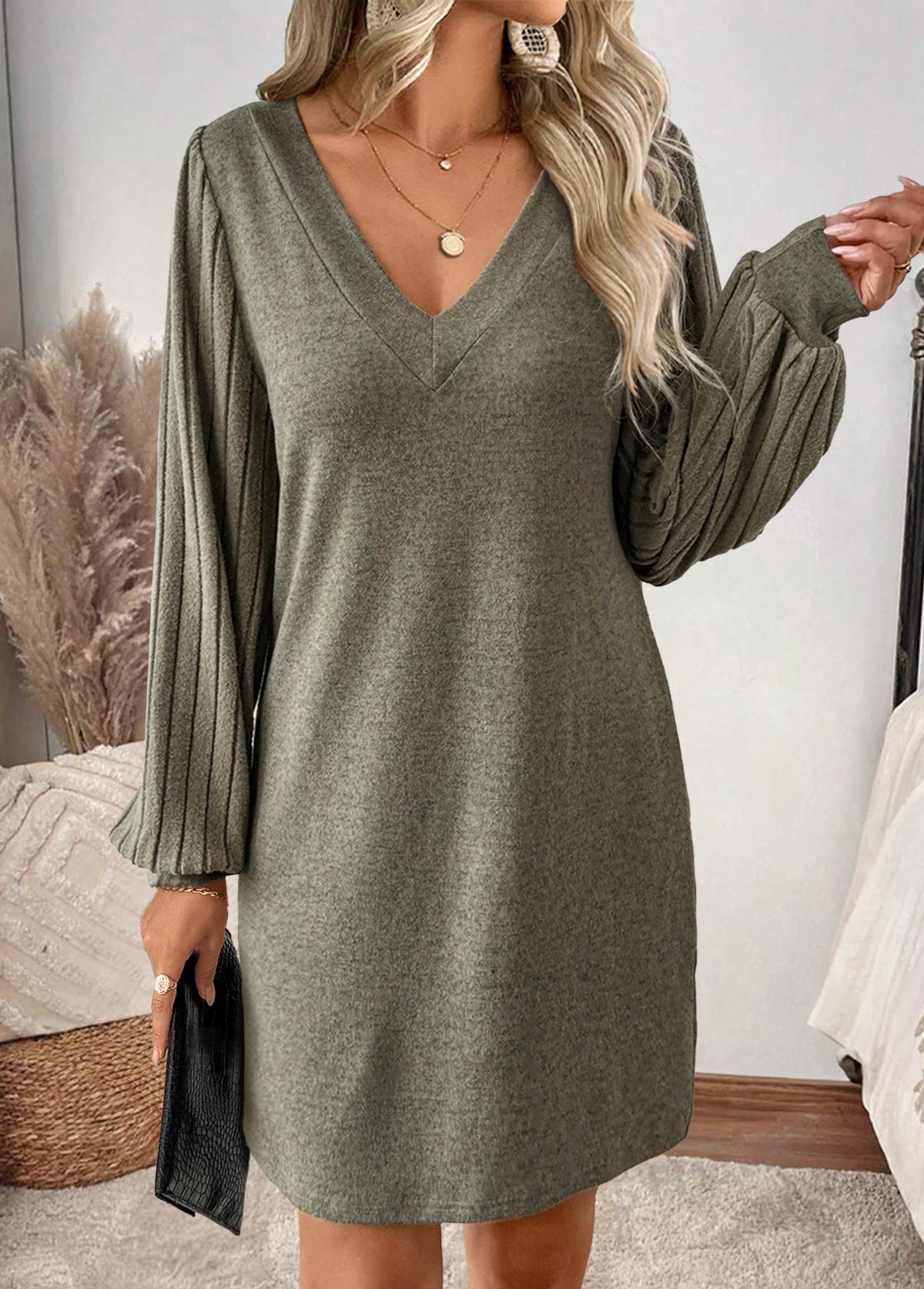 Sage Green Tummy Coverage Short Long Sleeve Dress | picture 