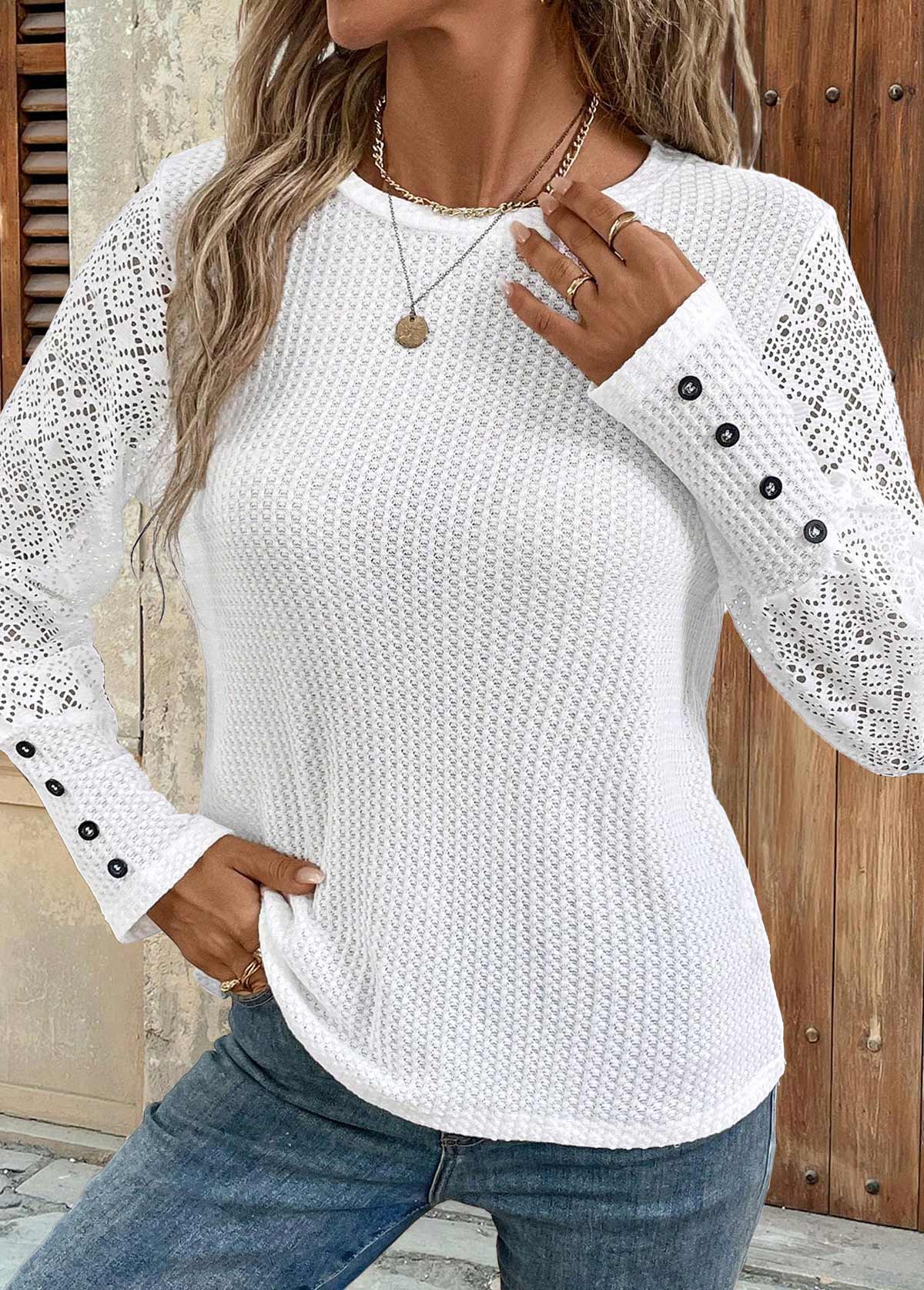 White Patchwork Long Sleeve Round Neck T Shirt | picture 