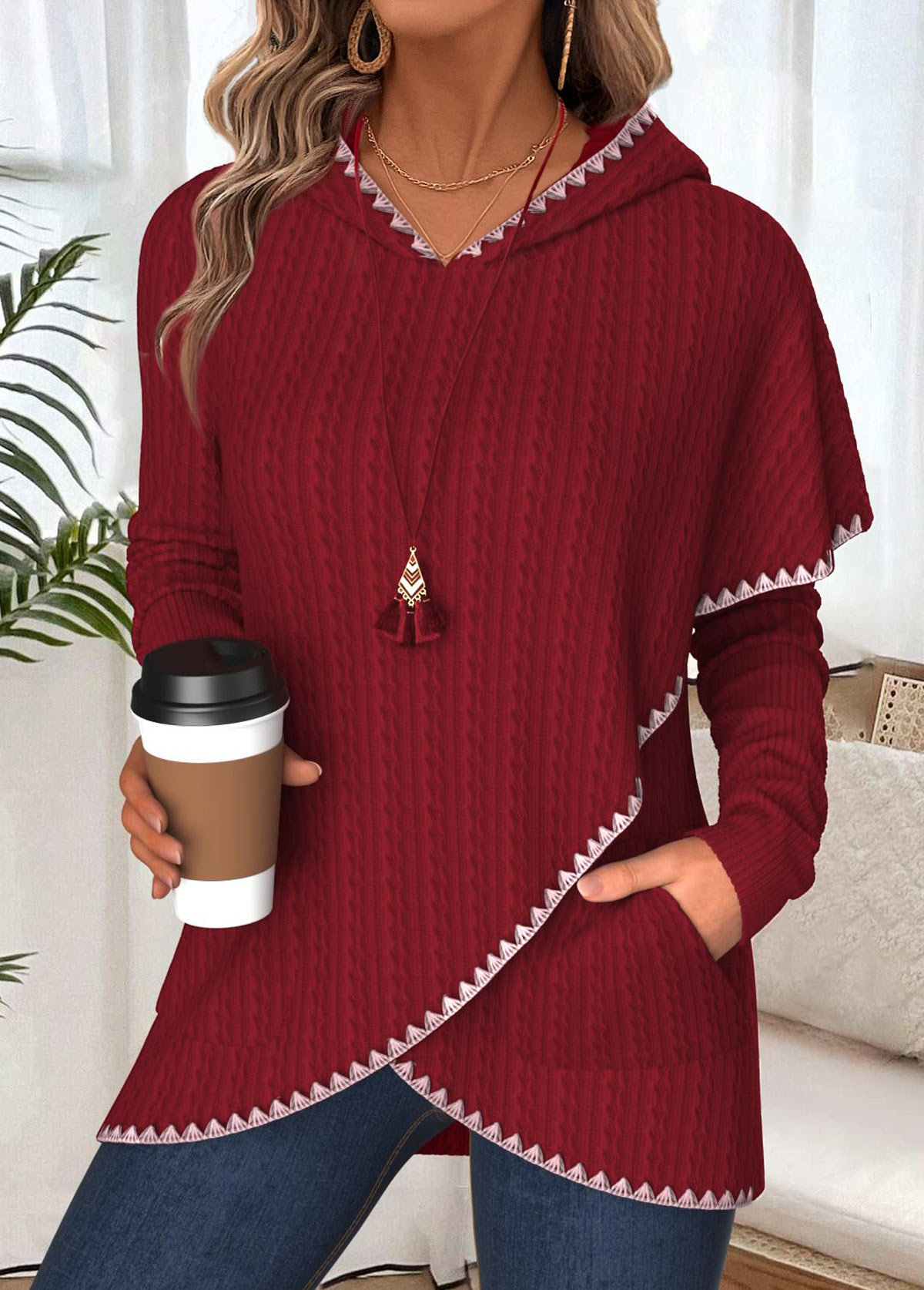 Wine Red Tummy Coverage Long Sleeve Hoodie | picture 