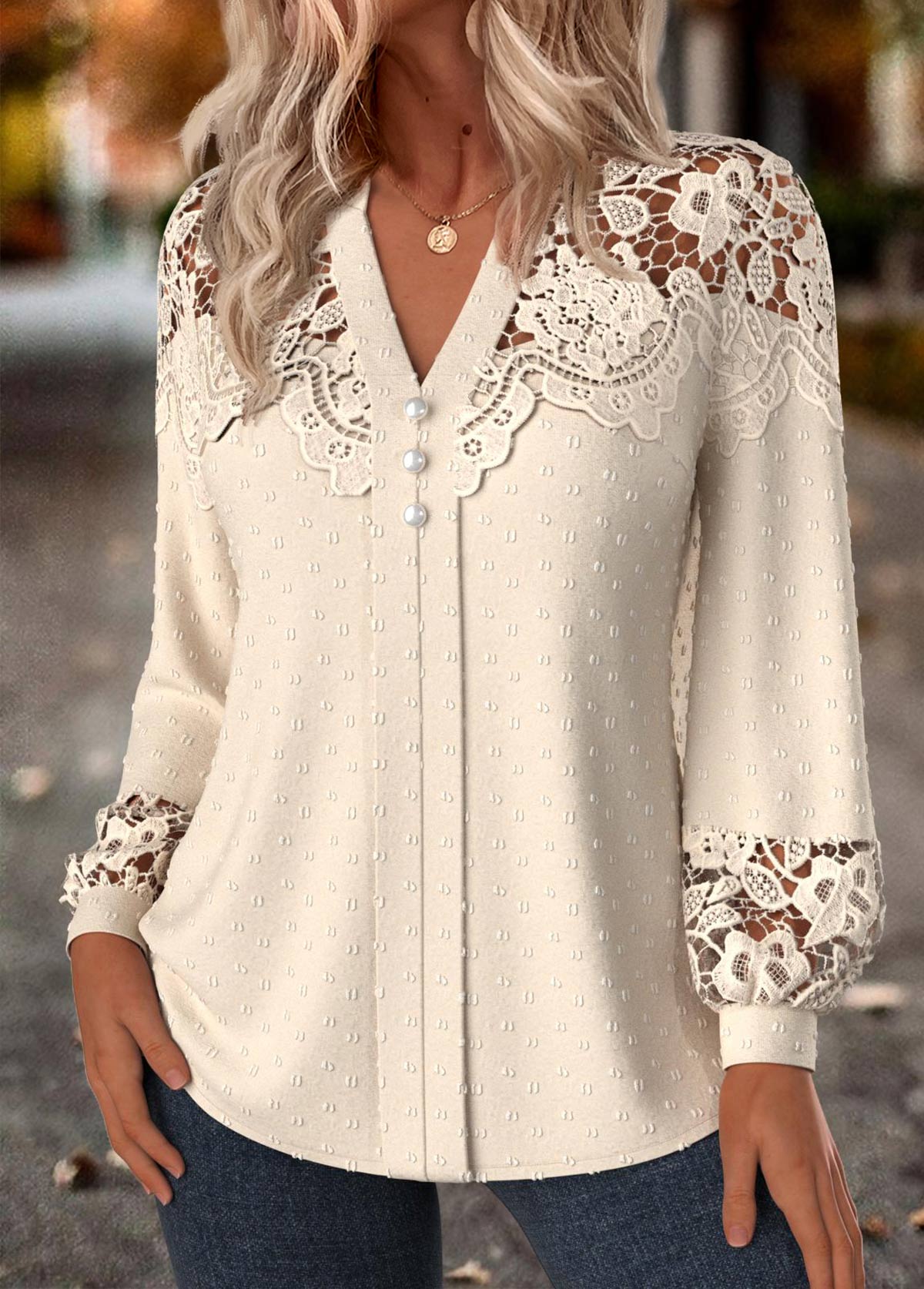 Beige Tummy Coverage Long Sleeve Split Neck Blouse | picture 