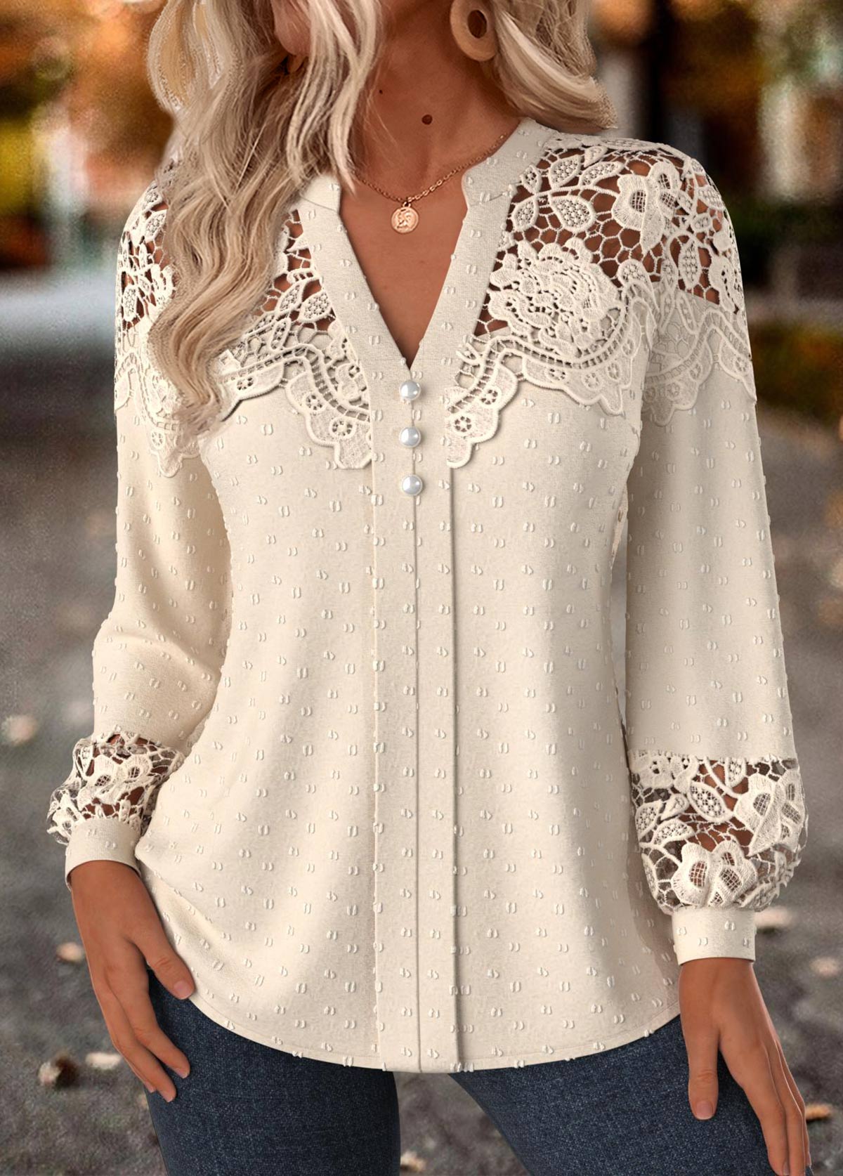 Beige Tummy Coverage Long Sleeve Split Neck Blouse | picture 