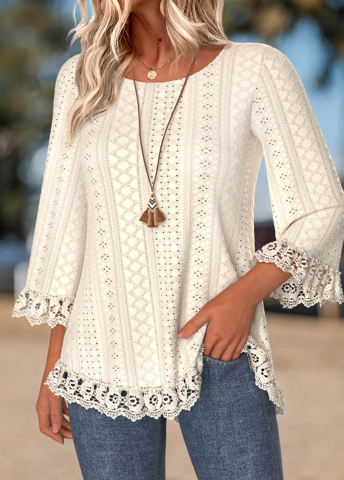 Beige Tummy Coverage 3/4 Sleeve Round Neck T Shirt | picture 