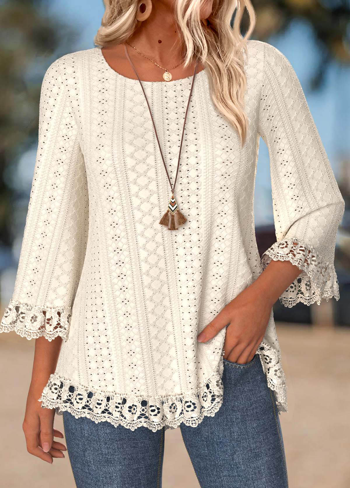 Beige Tummy Coverage 3/4 Sleeve Round Neck T Shirt | picture 