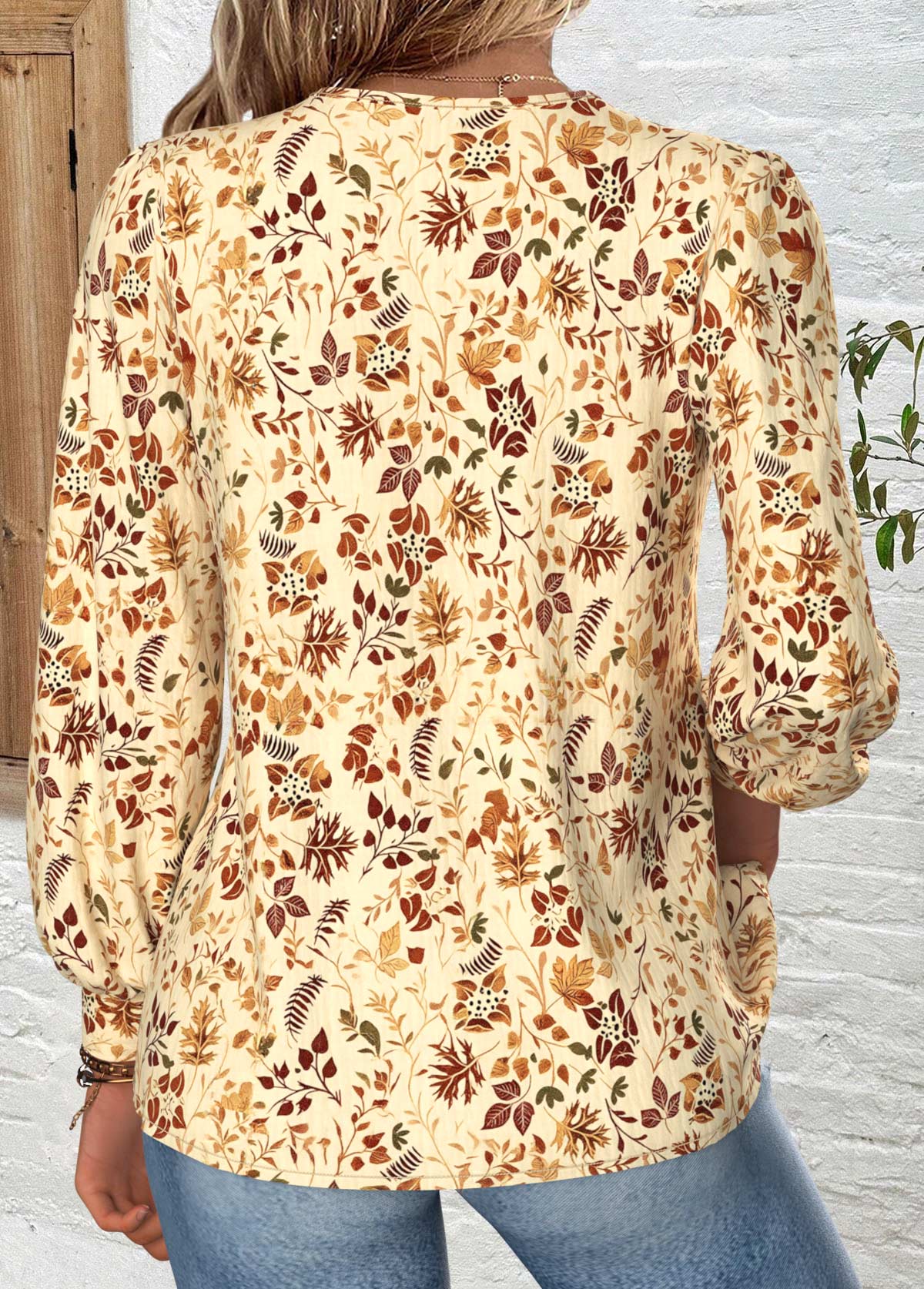 Light Coffee Tummy Coverage Leaf Print T Shirt | picture 