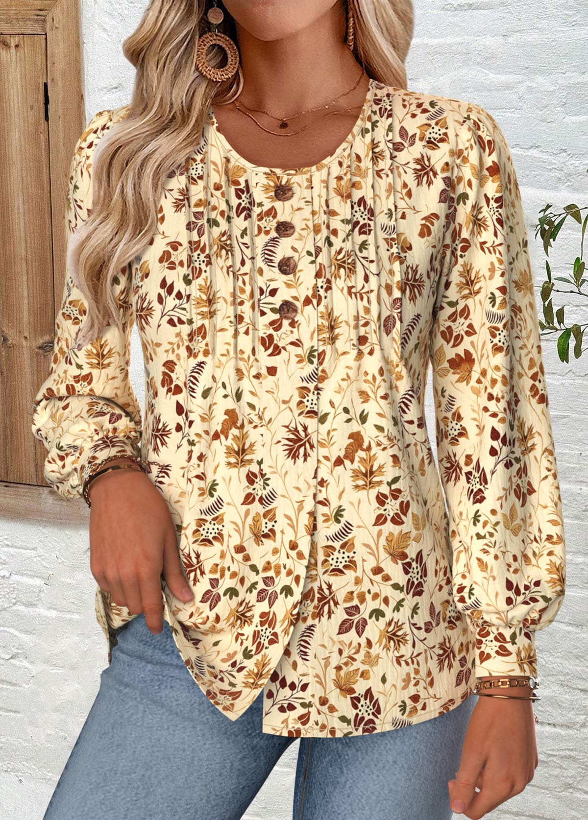 Light Coffee Tummy Coverage Leaf Print T Shirt | picture 